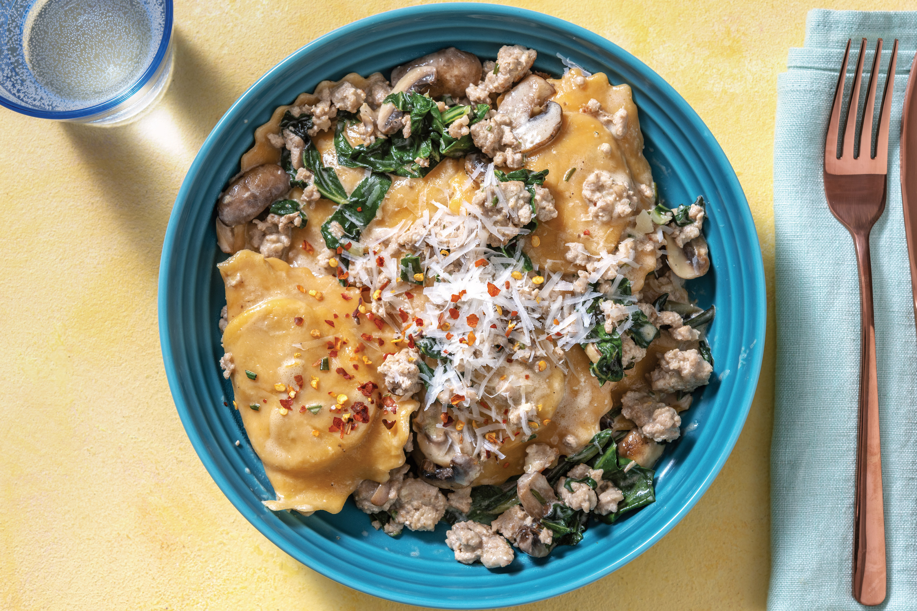 Creamy Pork & Pumpkin Ravioli with Silverbeet & Mushrooms