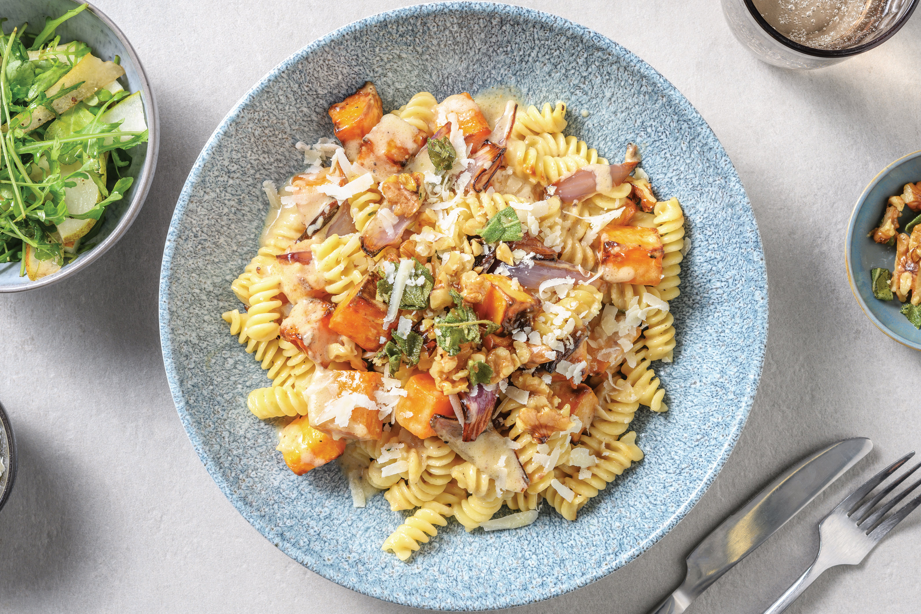 Creamy Pumpkin Fusilli & Herb-Walnut Crumb