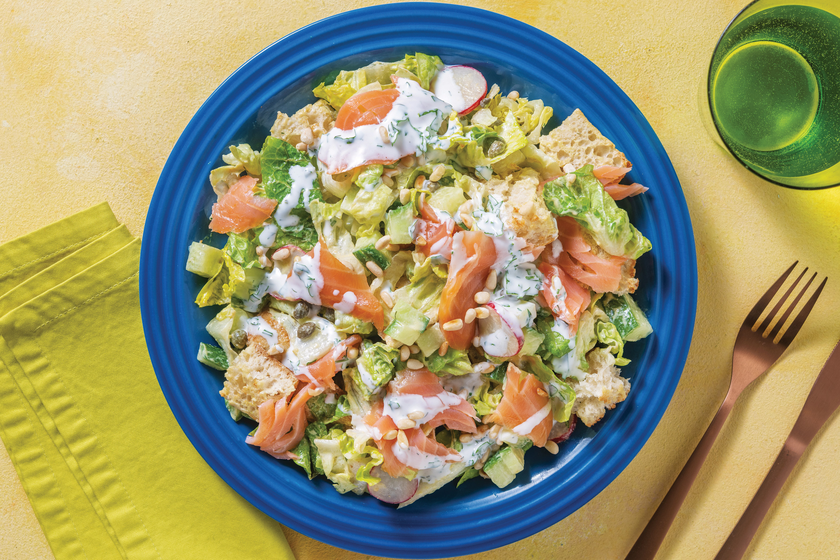 Creamy Smoked Salmon & Crouton Salad with Capers