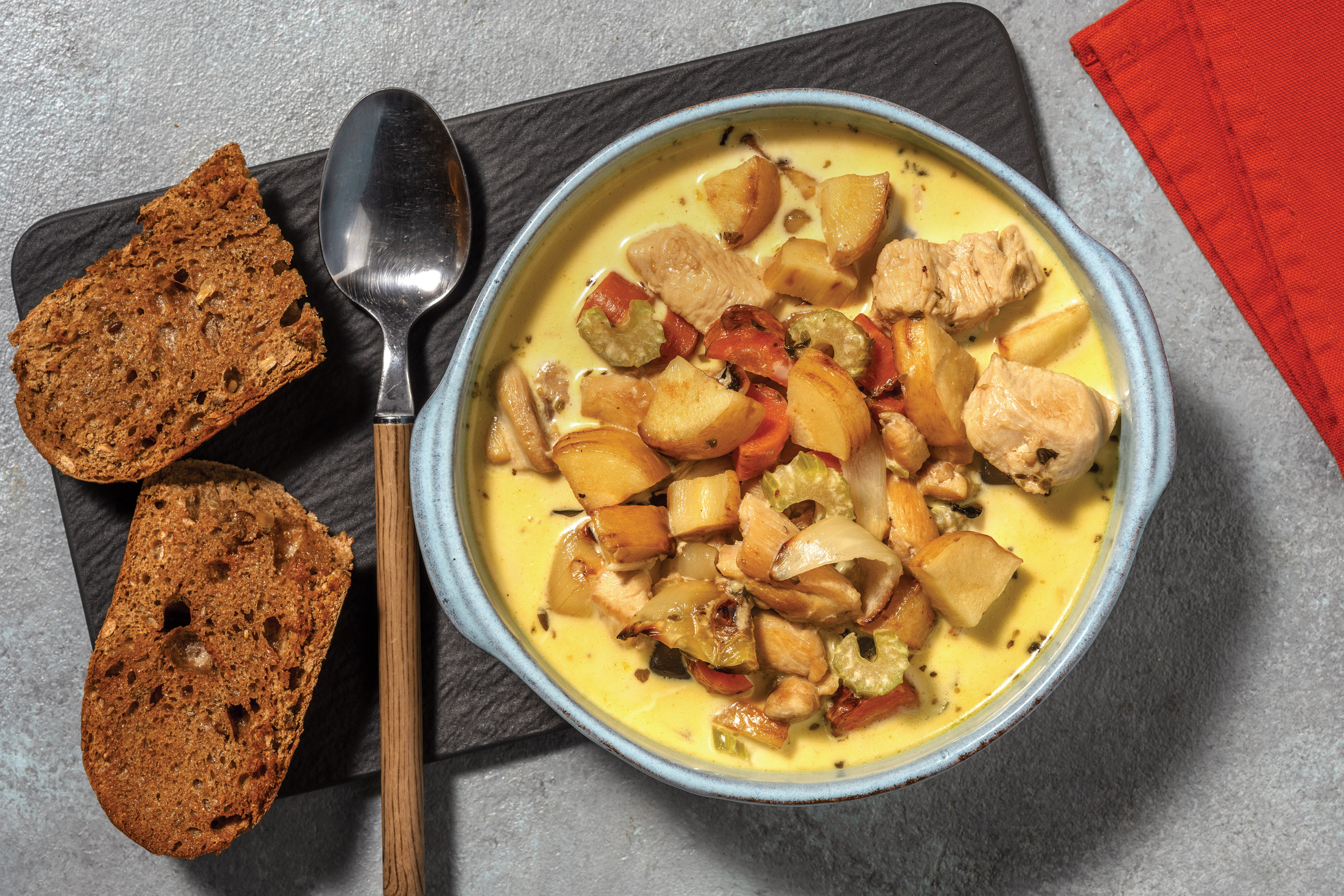 Creamy Truffle Chicken & Roast Veggie Soup