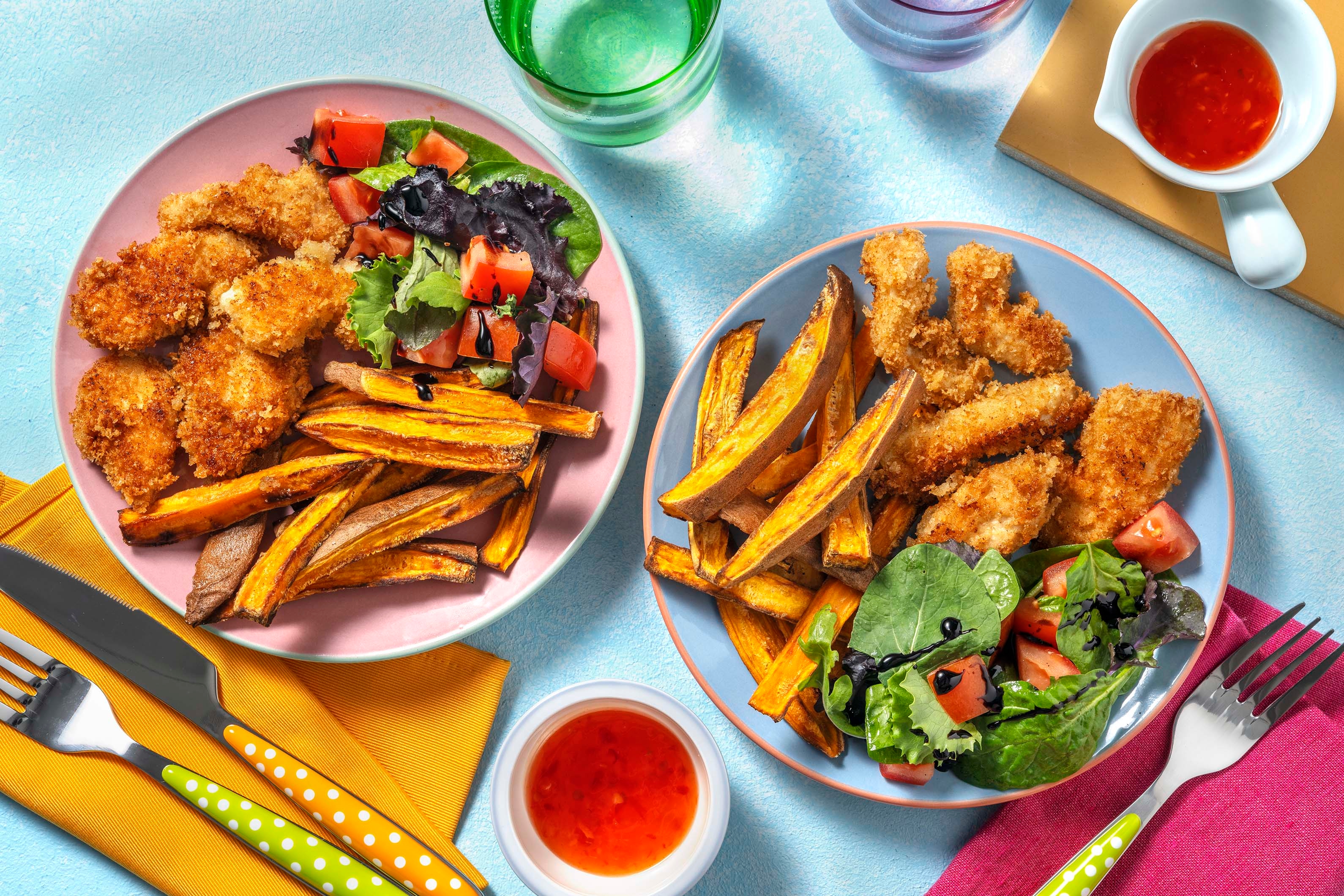 Crispy Chicken Goujons and Sweet Potato Chips