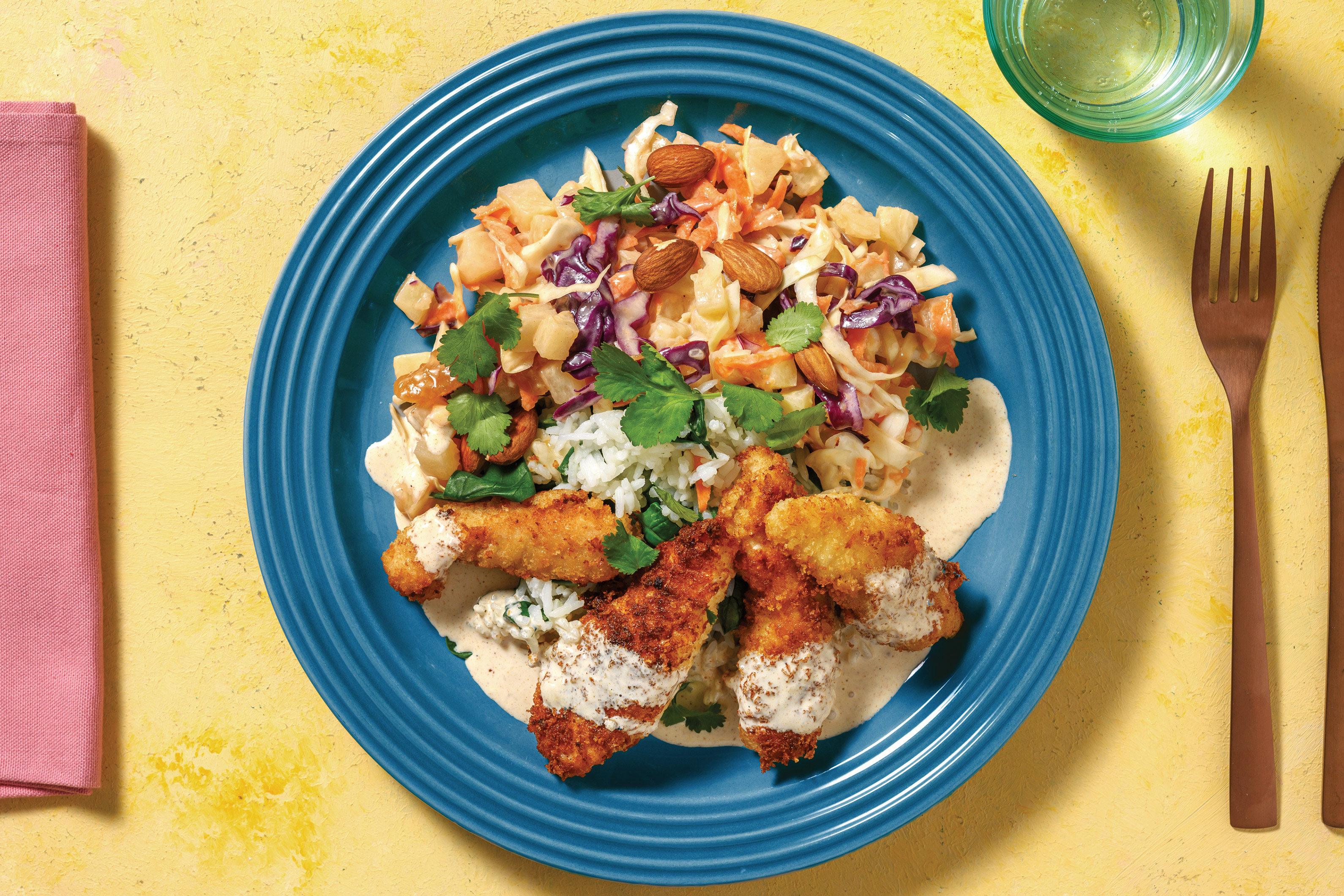 Crumbed Chicken & Caribbean Coconut Sauce with Spinach Rice