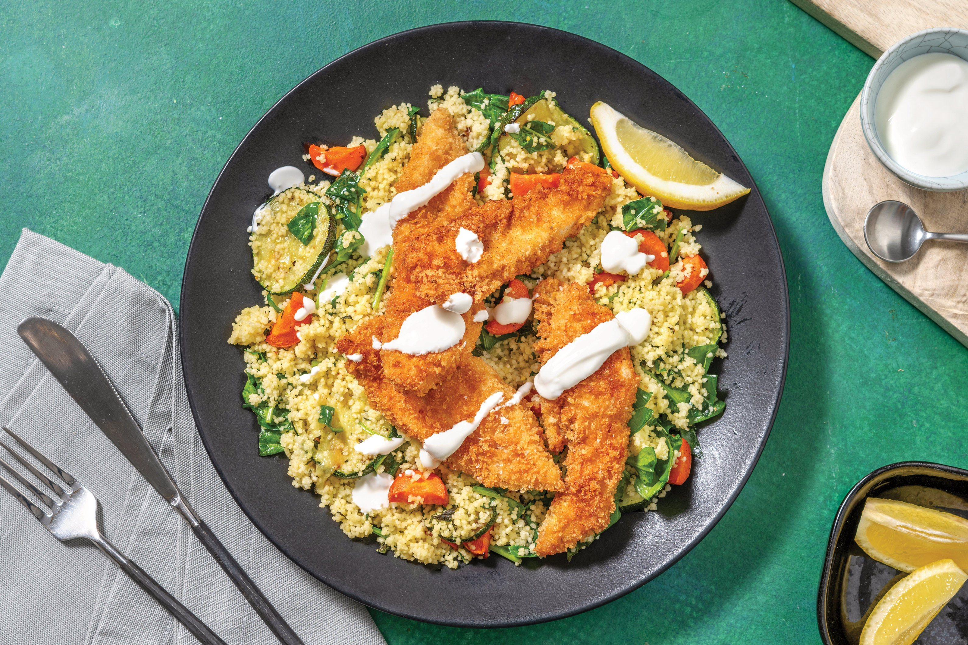 Crumbed Chicken & Lemony Roast Veggie Couscous