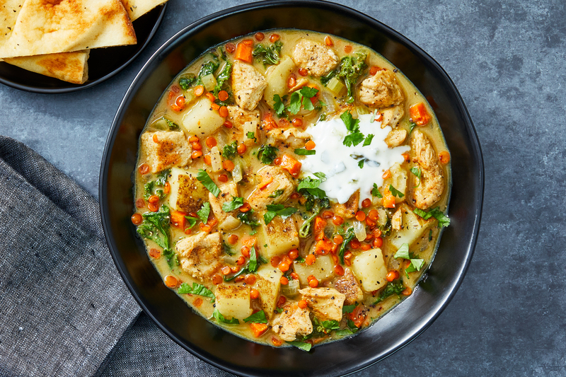SuperQuick Coconut Organic Chicken-and-Kale Curry with Toasted Flatbreads
