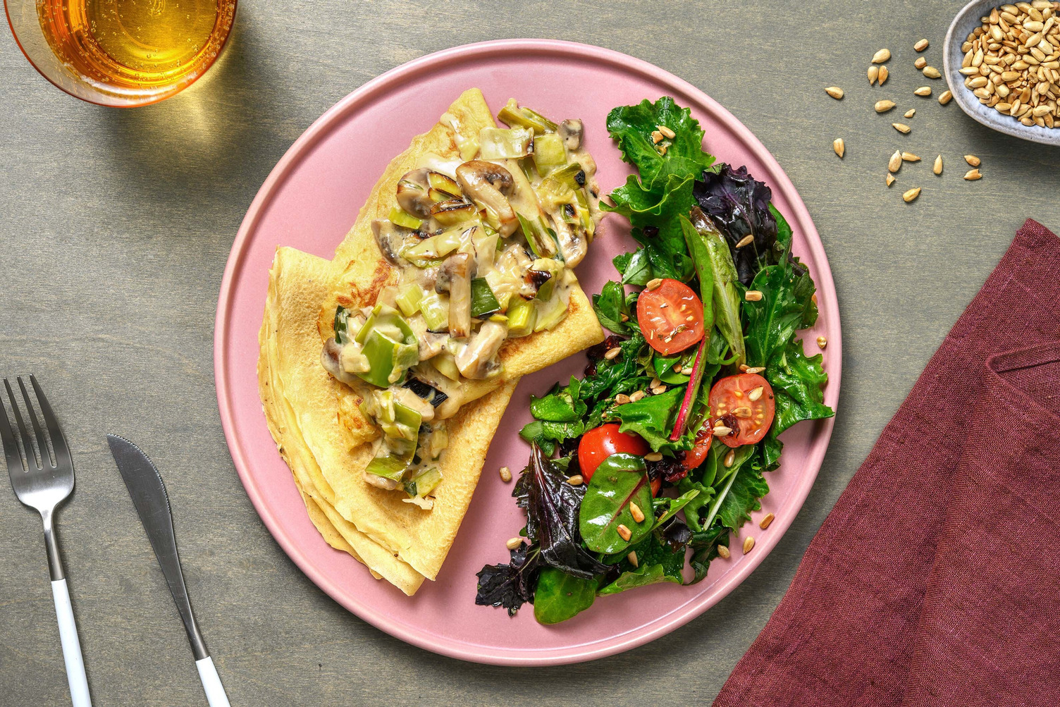 Deftige Kartoffel-Crêpes mit Lauch-Pilz-Crème