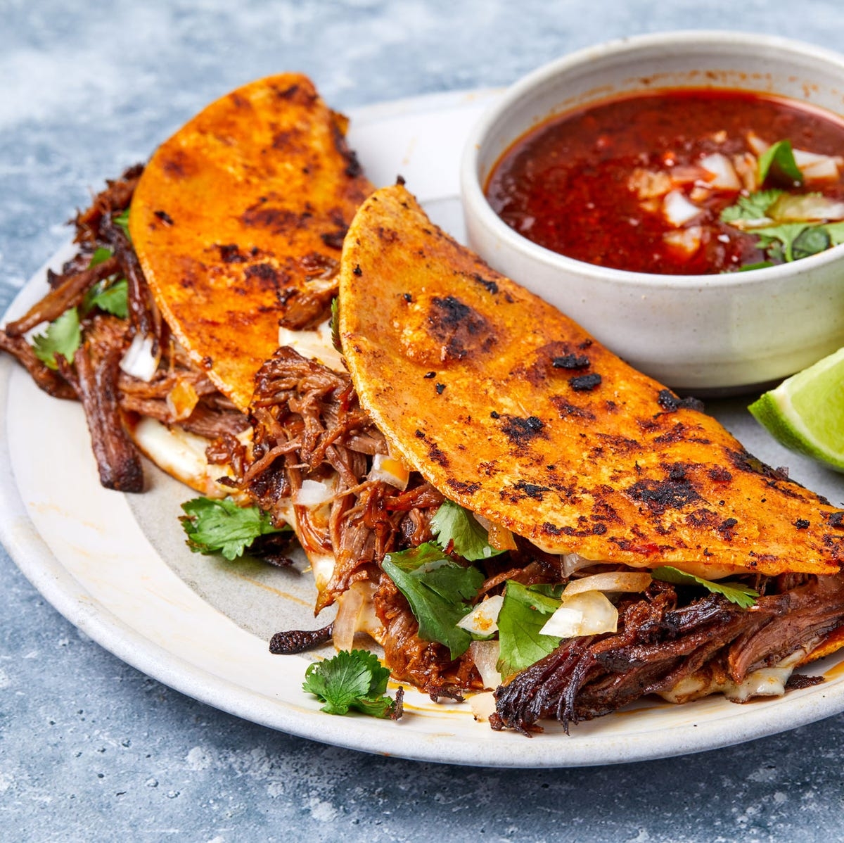 Cheesy Braised Chicken Birria Tacos