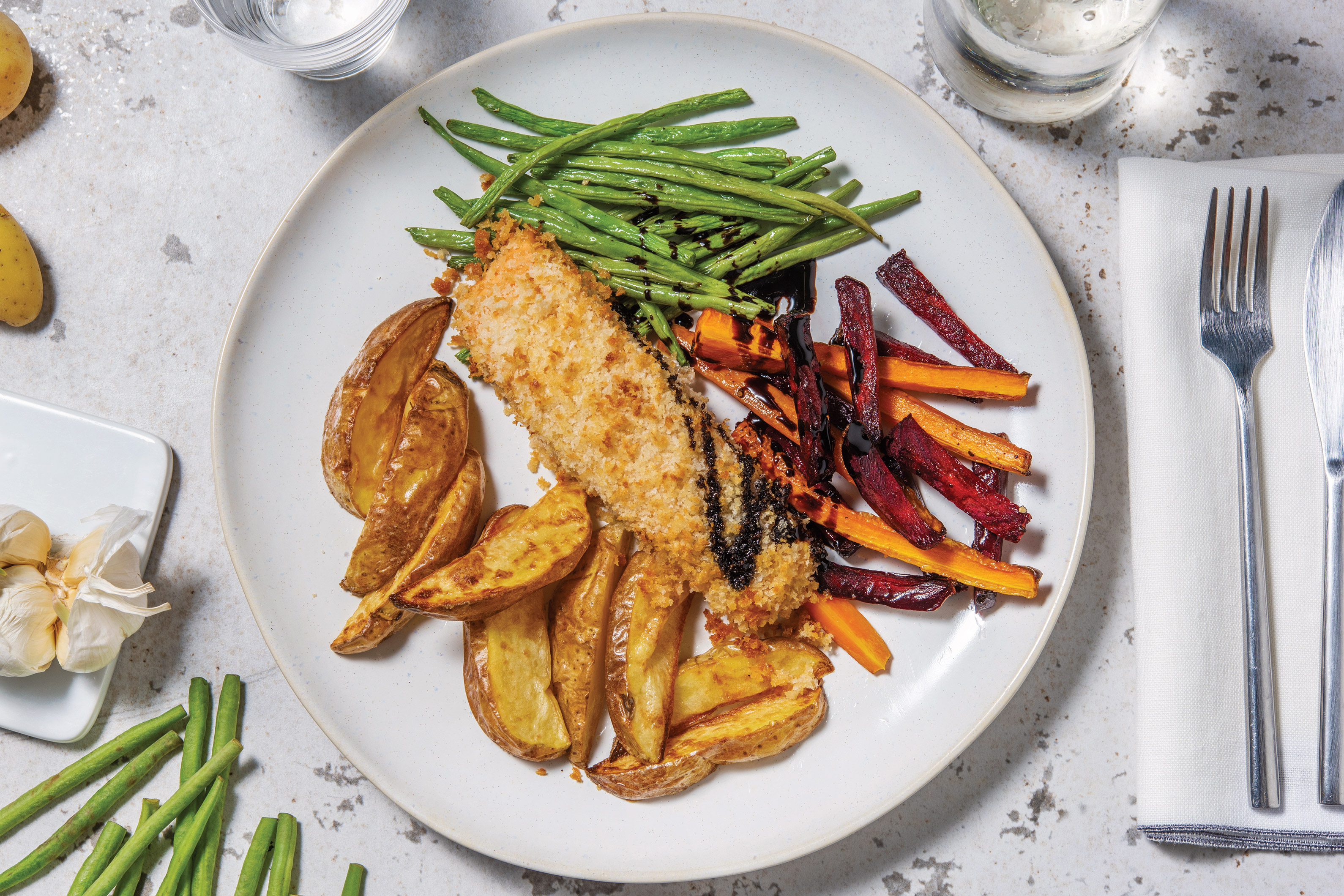 Dijon-Crusted Salmon Traybake with Roasted Veggies & Balsamic Glaze