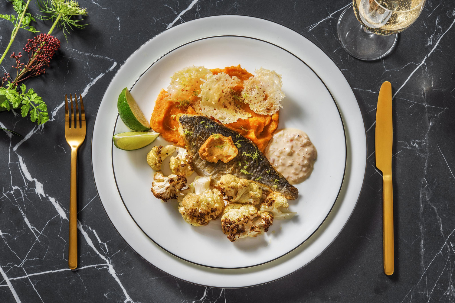Doradefilet met botersaus en een parmezaankoekje