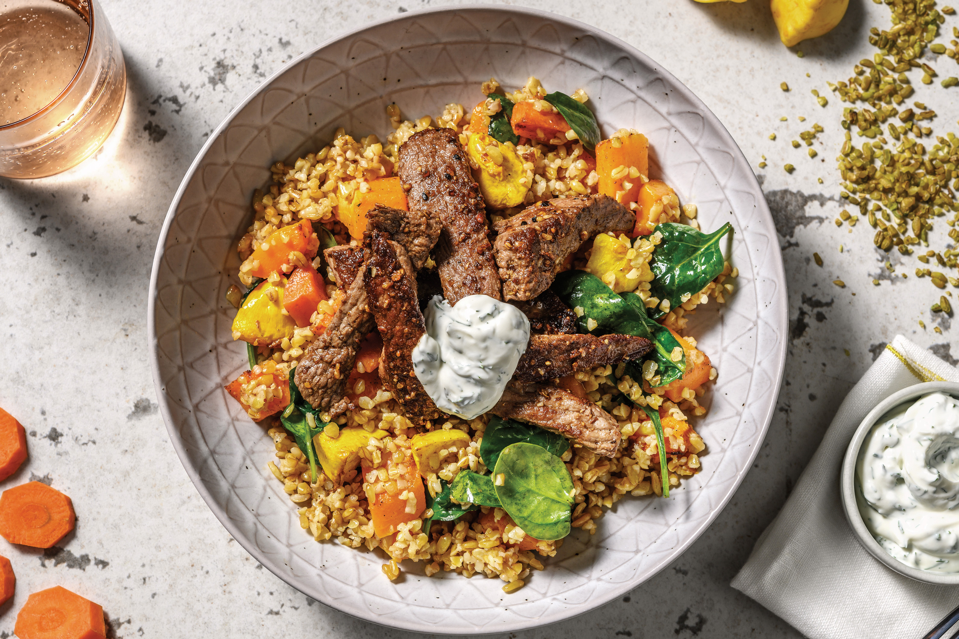 Dukkah Beef & Freekeh Bowl with Roasted Veggies & Dill Yoghurt