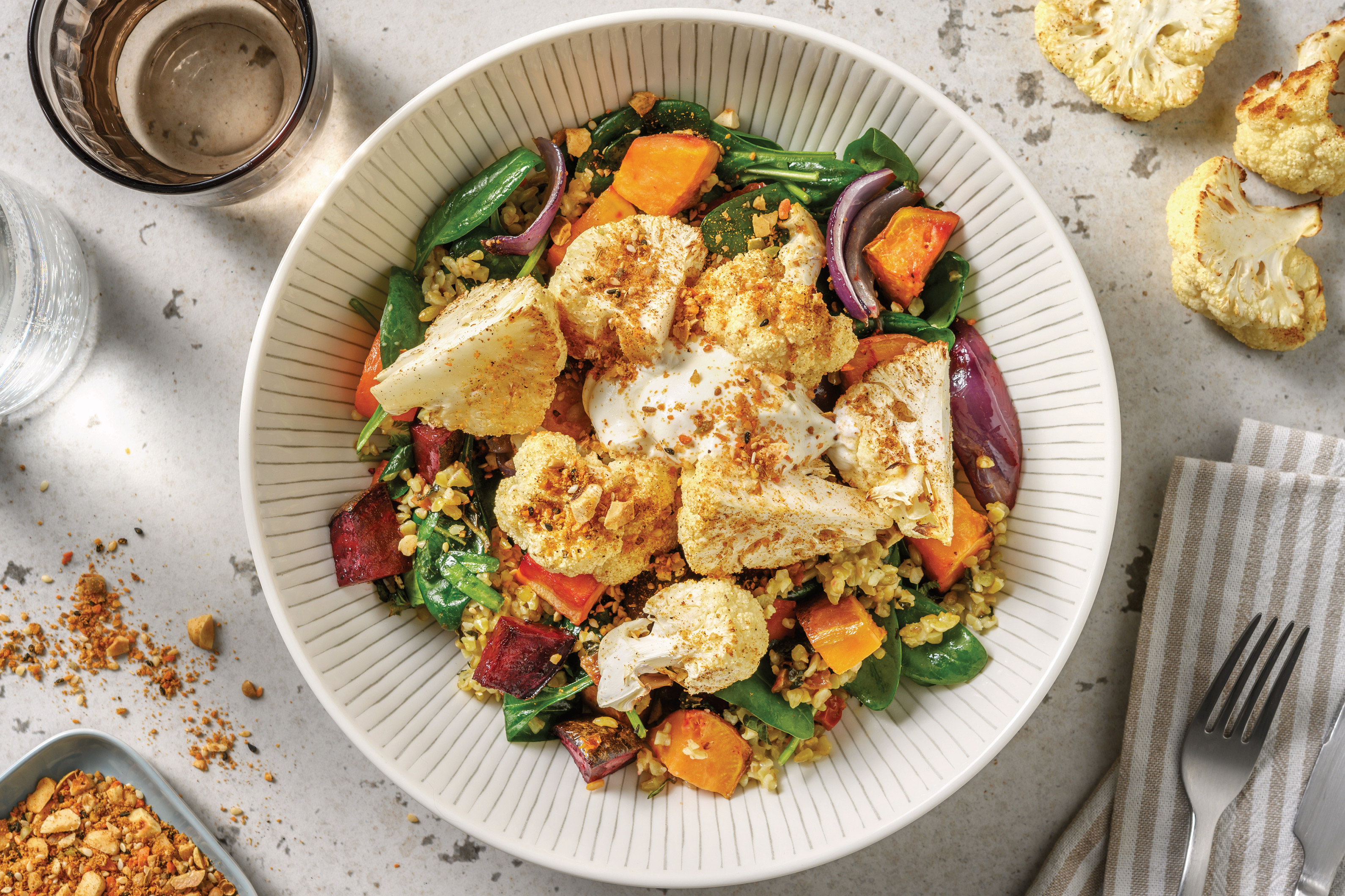 Dukkah Cauliflower & Roast Veggie Freekeh Salad with Garlic Yoghurt