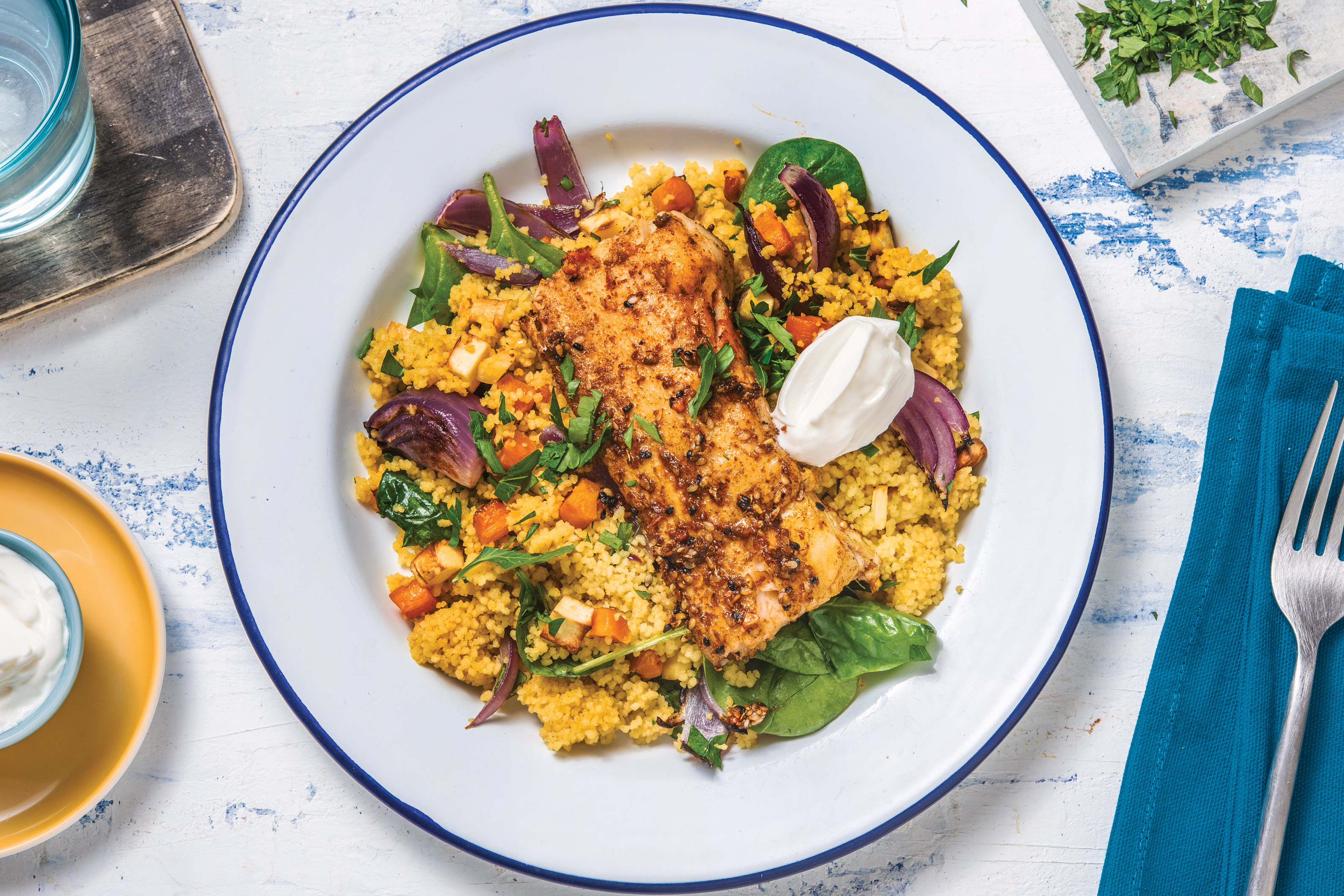 Dukkah-Crusted Fish & Veggie Couscous