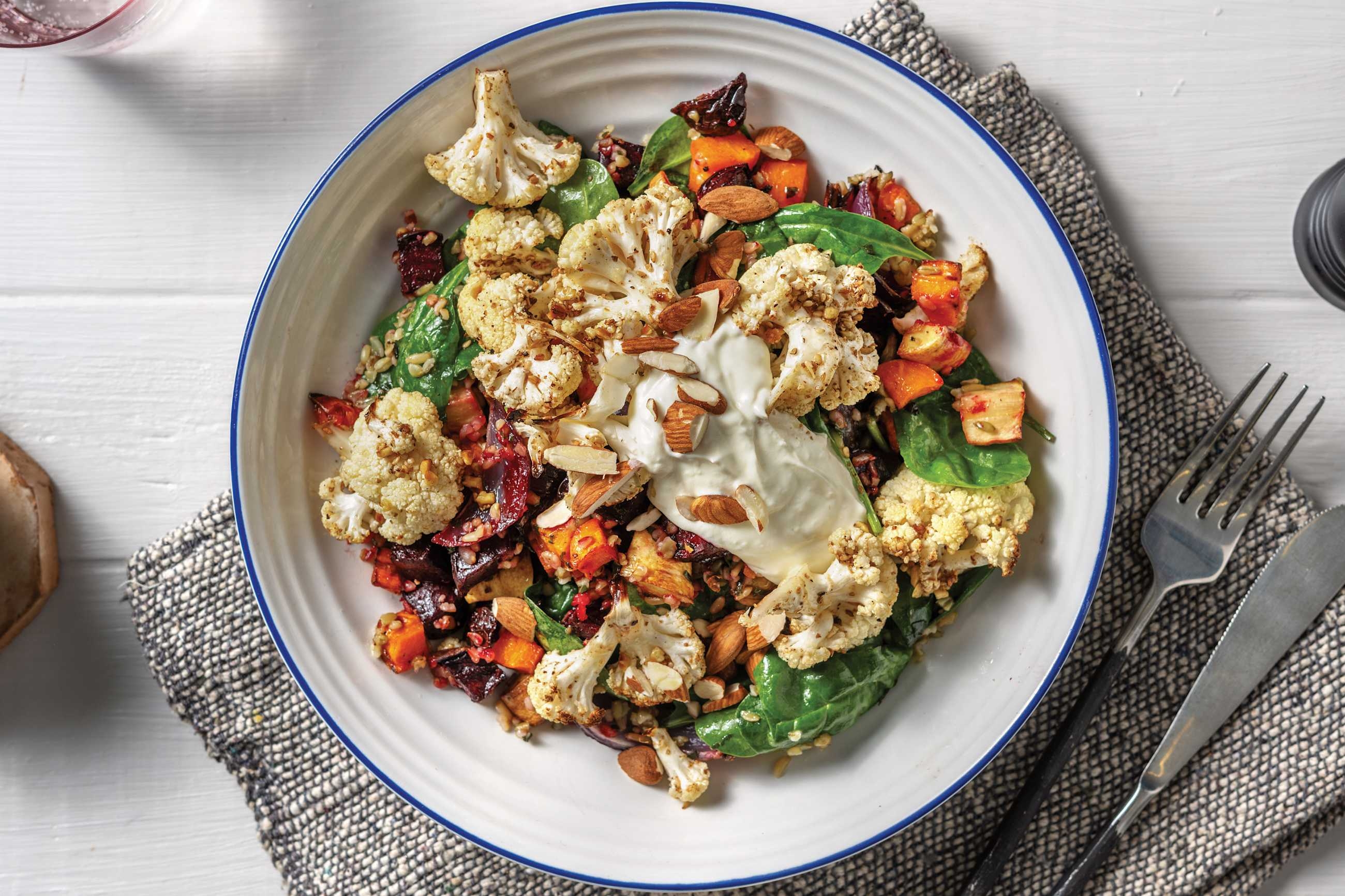 Dukkah Cauliflower & Roast Veggie Freekeh Salad