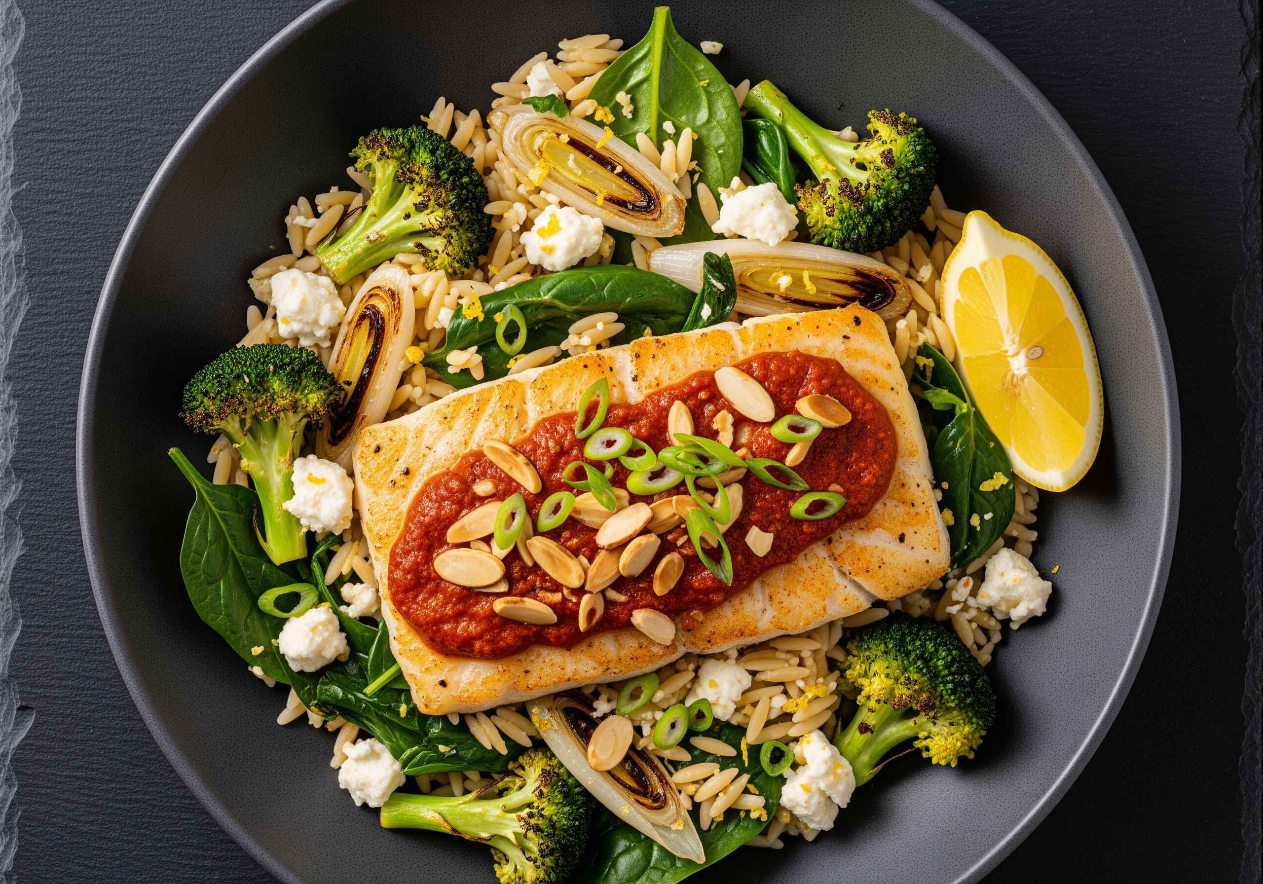 [PROTEIN DOUBLE ICELANDIC COD] Roasted Cod with Romesco Sauce, Scallion Feta Orzo, and Broccoli