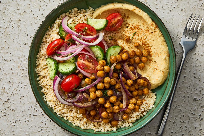 Harissa Chickpea & Bulgur Bowls with Hummus
