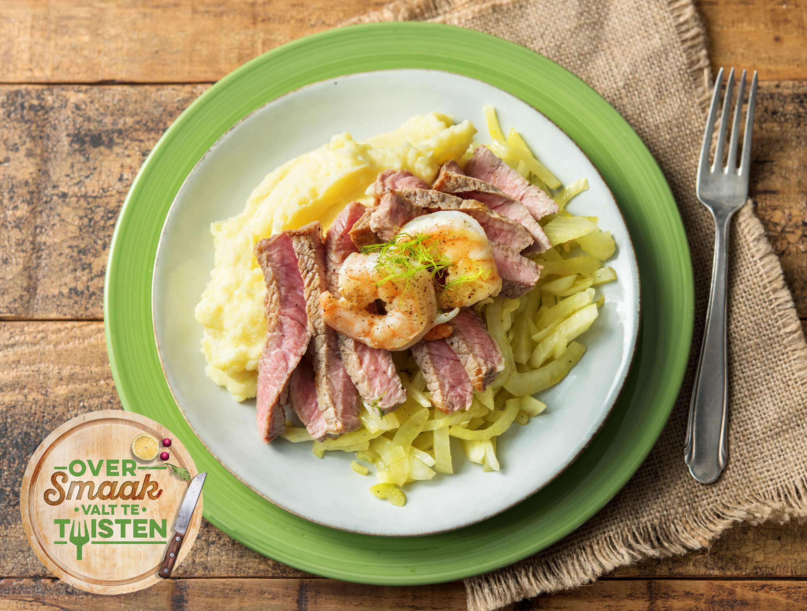 Entrecôte en gamba’s met bloemkoolpuree (op=op)