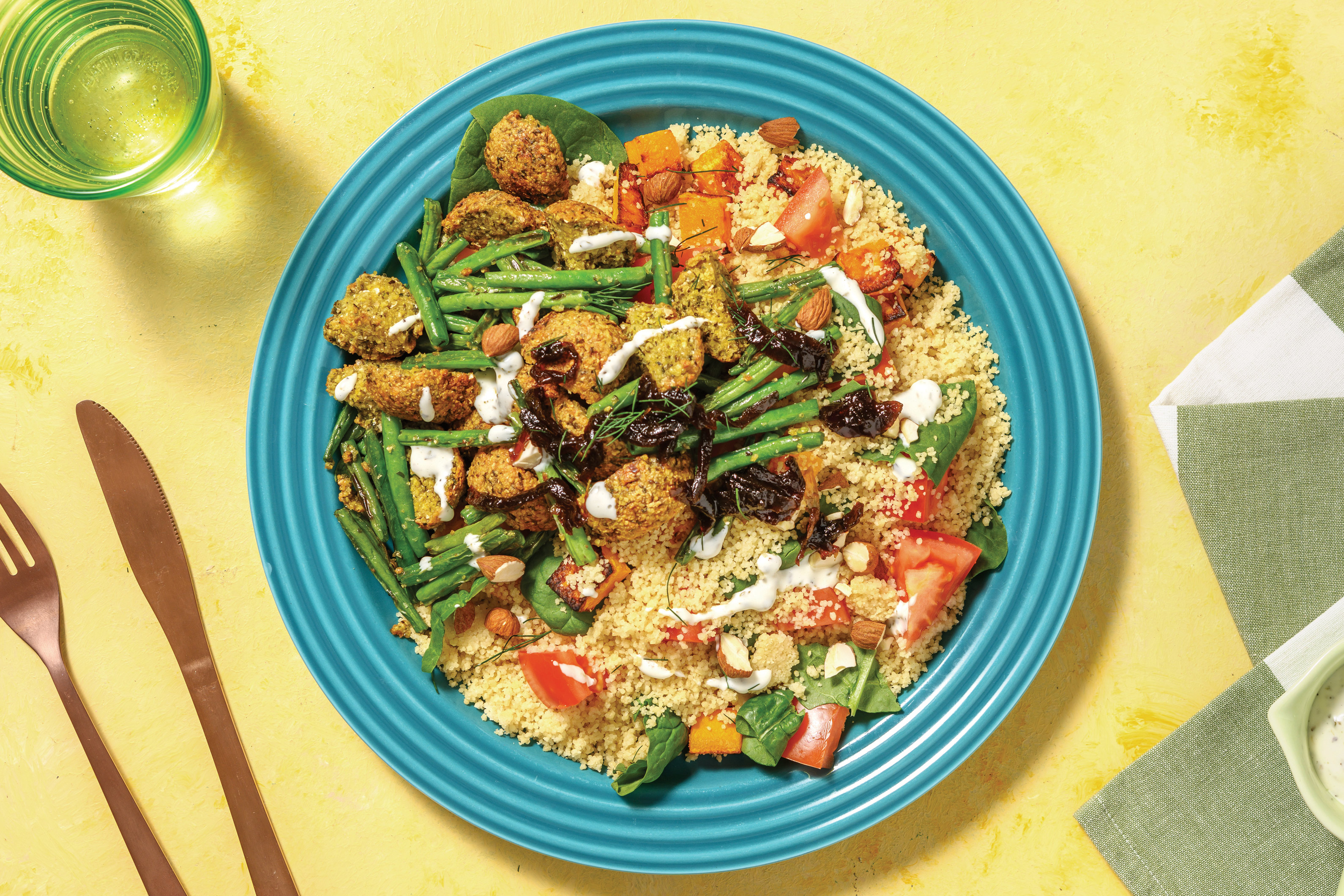 Falafel & Green Bean Couscous with Dill Yoghurt Dressing & Onion Chutney