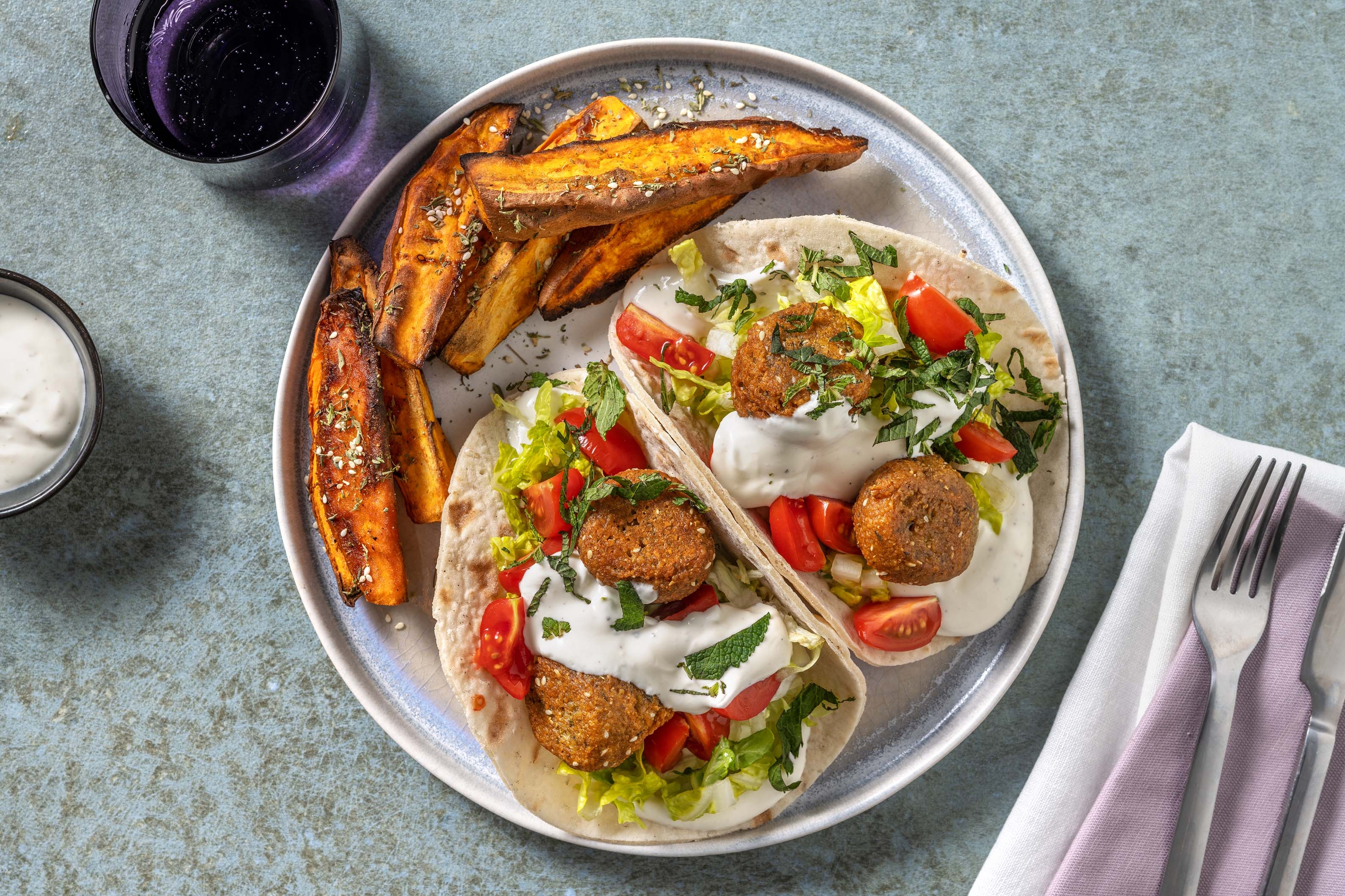 Falafel Wraps and Roasted Garlic Yoghurt Dressing