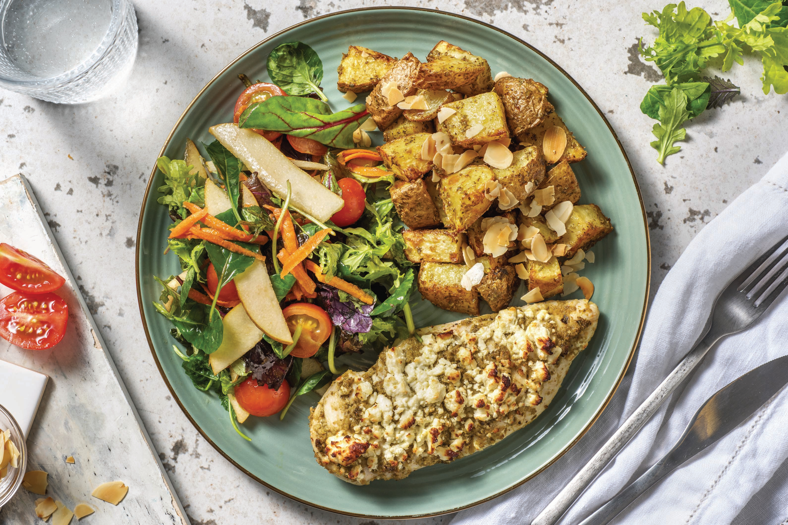 Fetta & Pesto Hasselback Chicken with Pear Salad & Roasted Potatoes