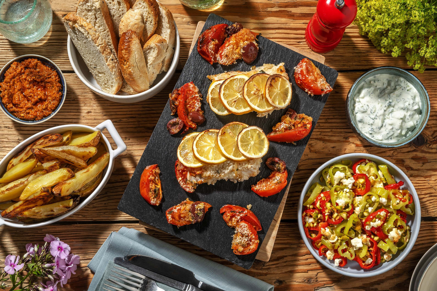 Feestelijke kabeljauwfilet uit de oven in Mediterraanse saus