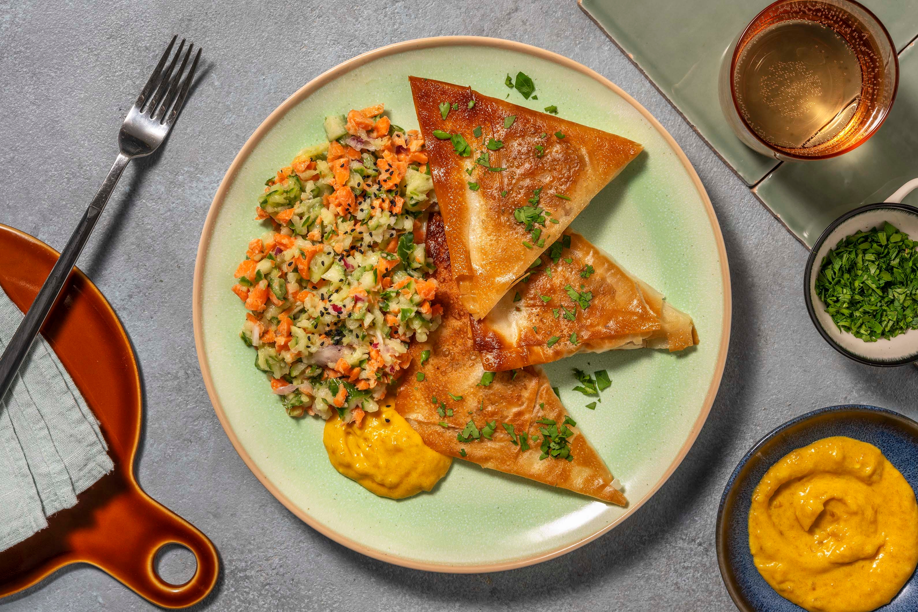 Filo-Samosas mit würziger Kichererbsen-Füllung