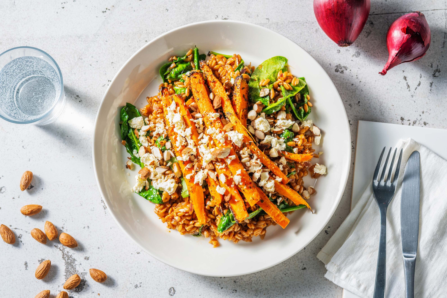 Freekeh with roasted carrots and spicy harissa