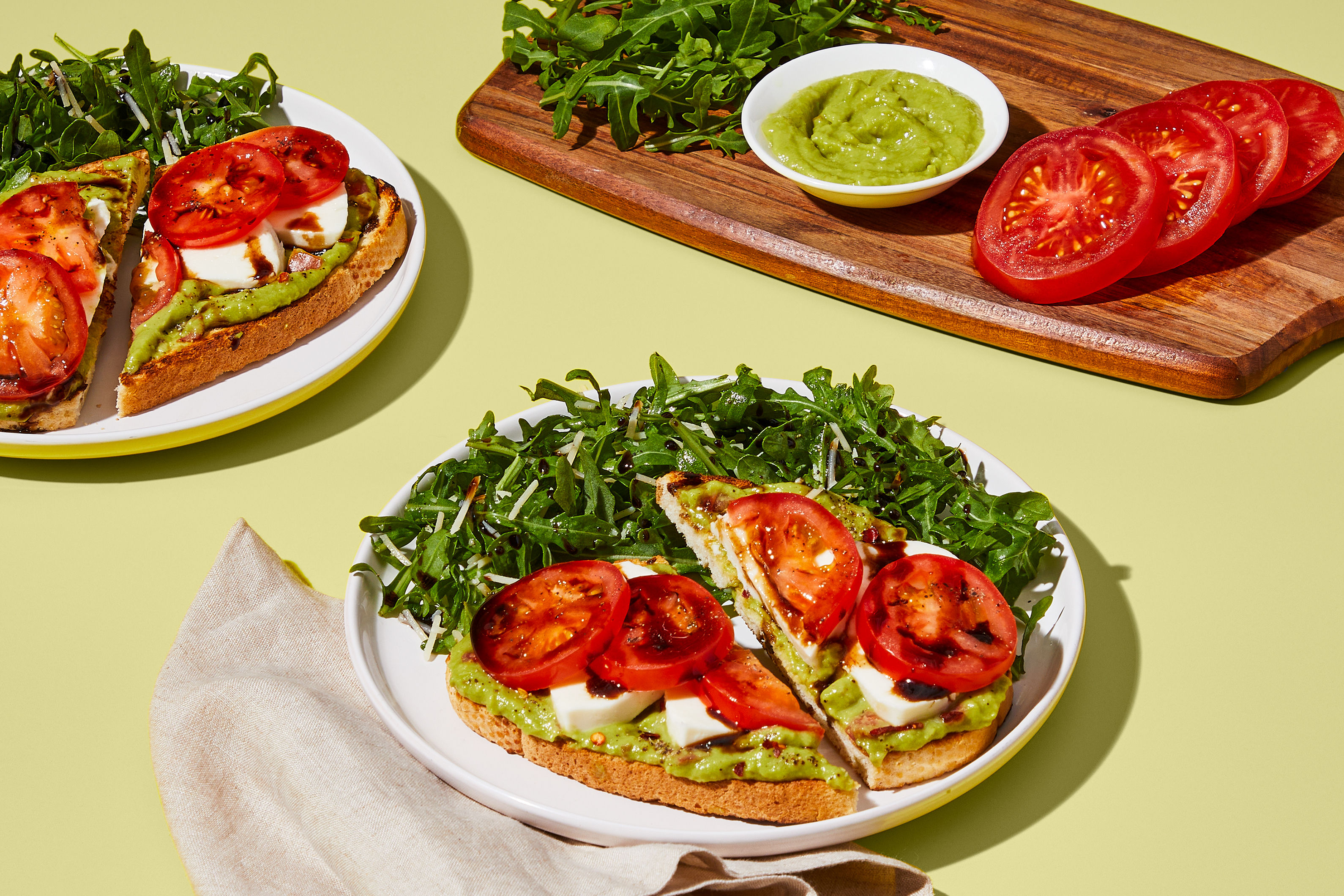 10MM Low Cal Tomato, Guac and Fresh Mozzarella Tartines with Simple Arugula Side Salad