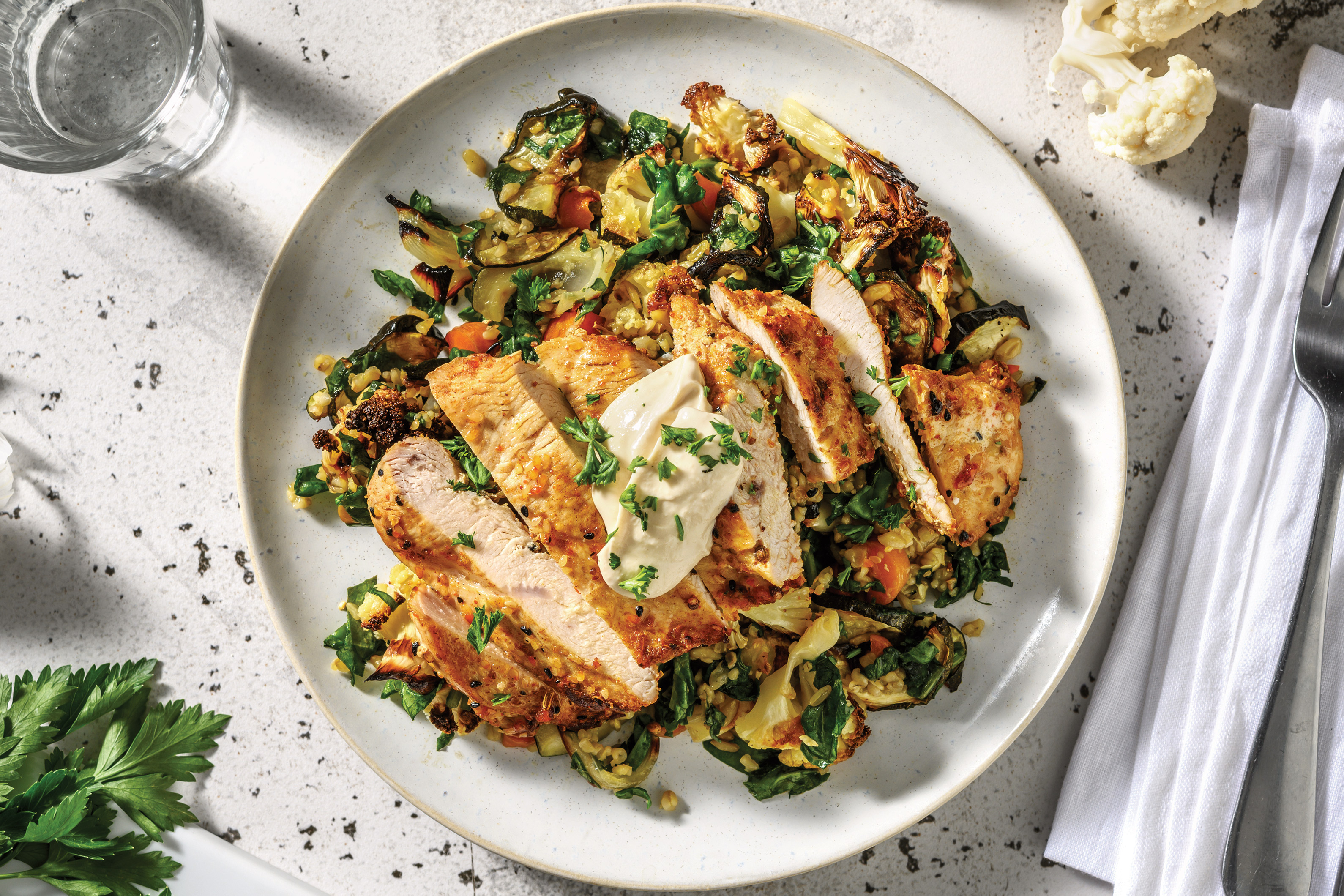 Dukkah Chicken & Creamy Tahini Dressing with Roast Veggie Freekeh