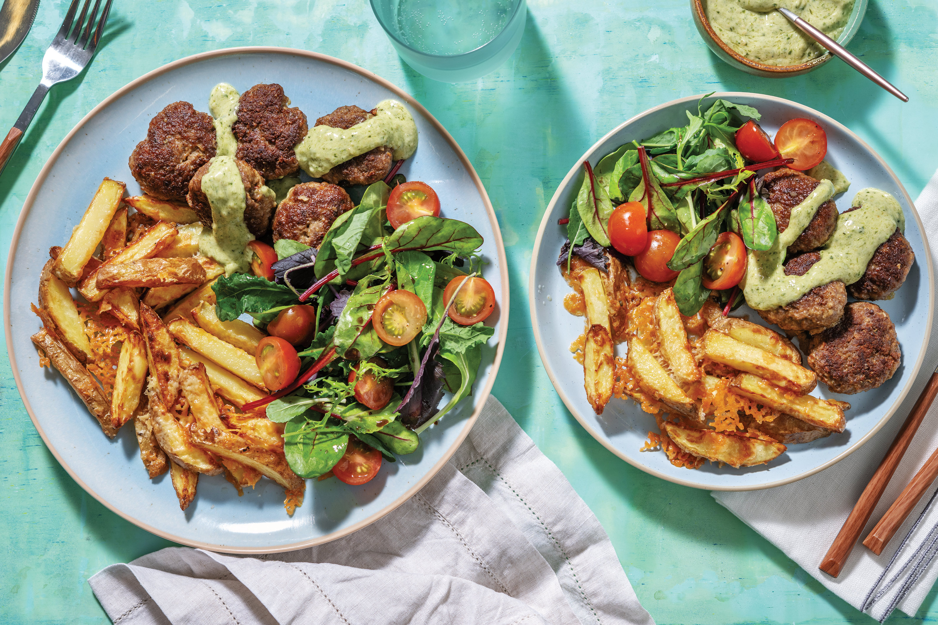 Mediterranean Beef Rissoles & Cheesy Fries