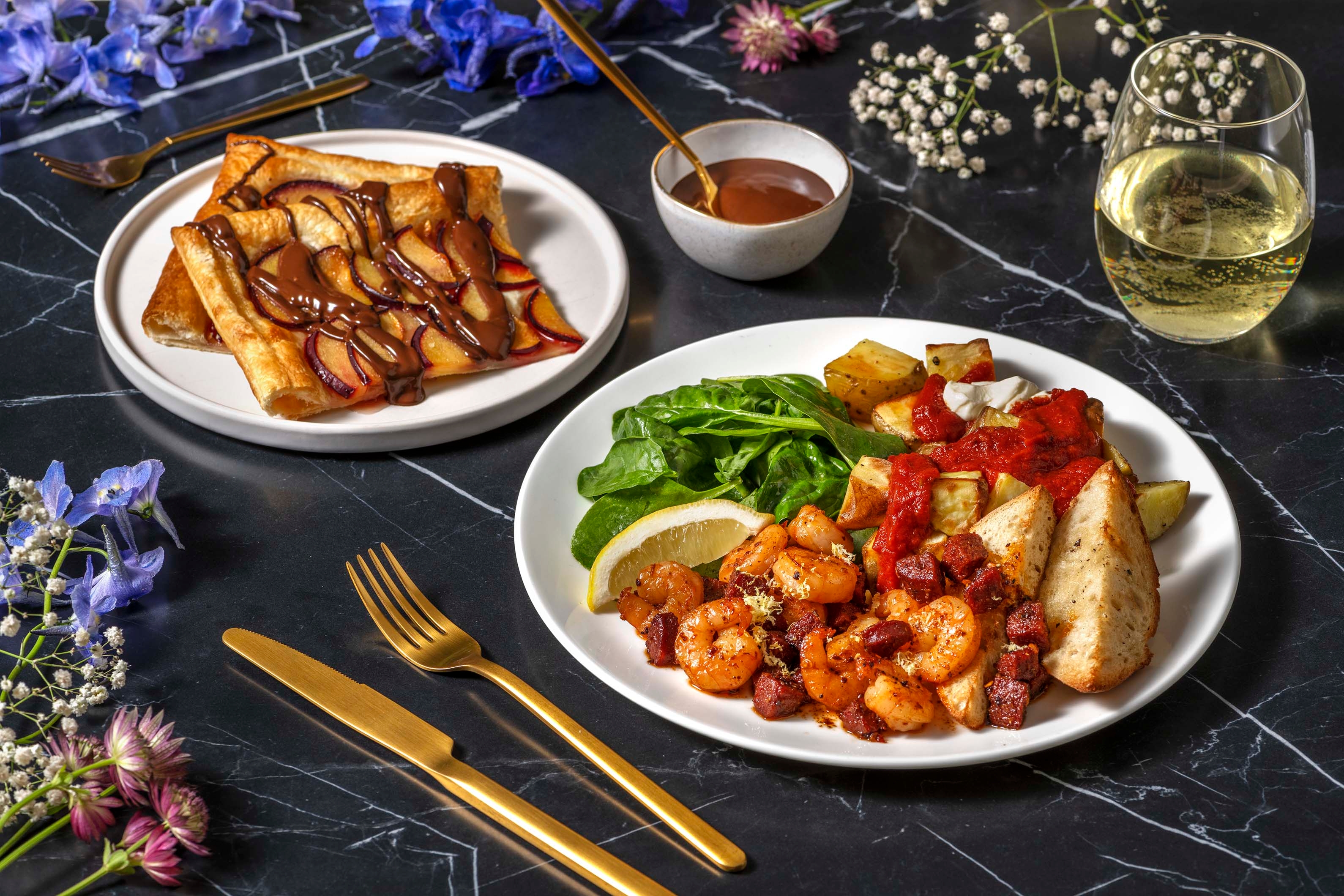 Gambas Pil Pil Style King Prawns with Chorizo and Patatas Bravas