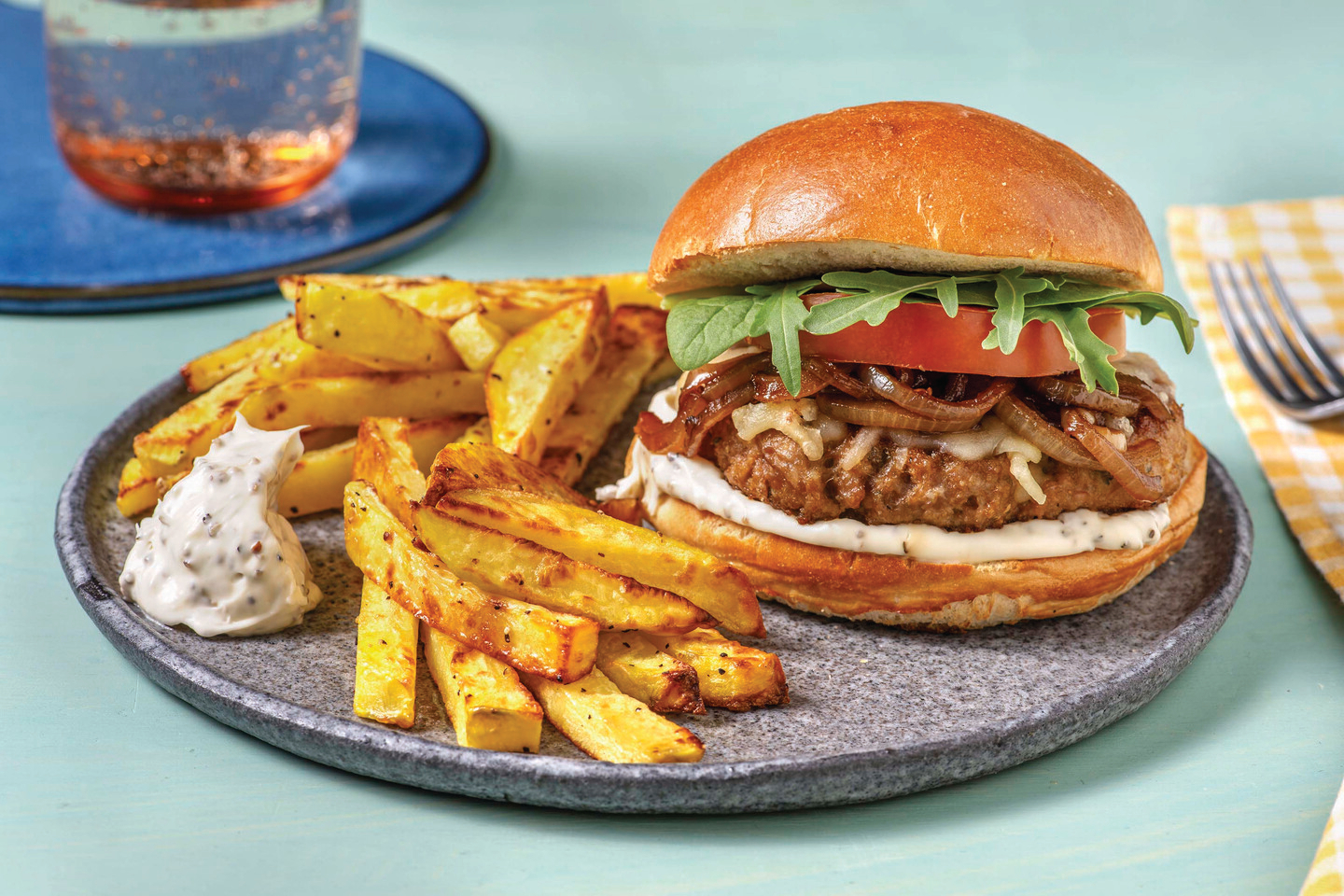 Garlic & Herb Beef Burger with Fries & Peppercorn Aioli