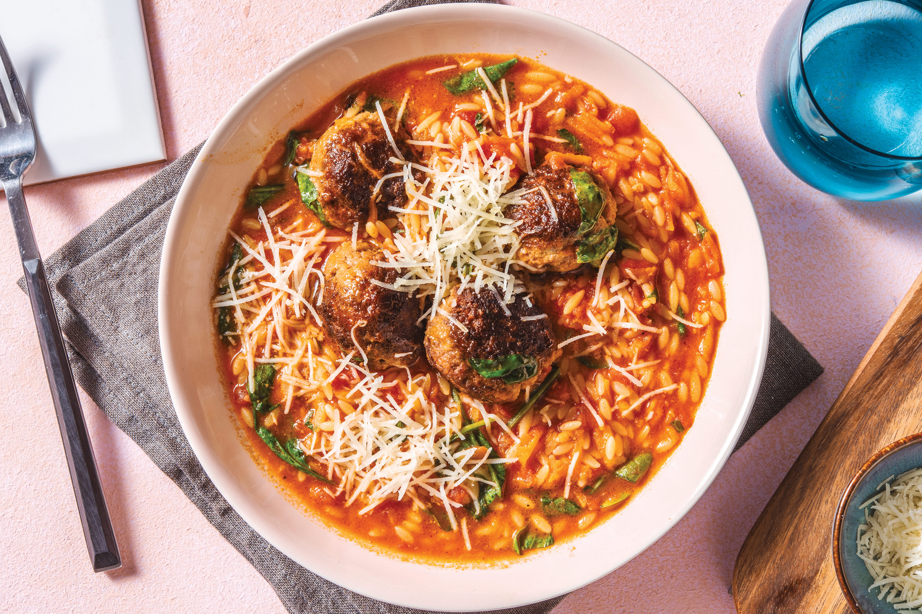 Garlic-Herb Meatballs & Red Pesto Risoni
