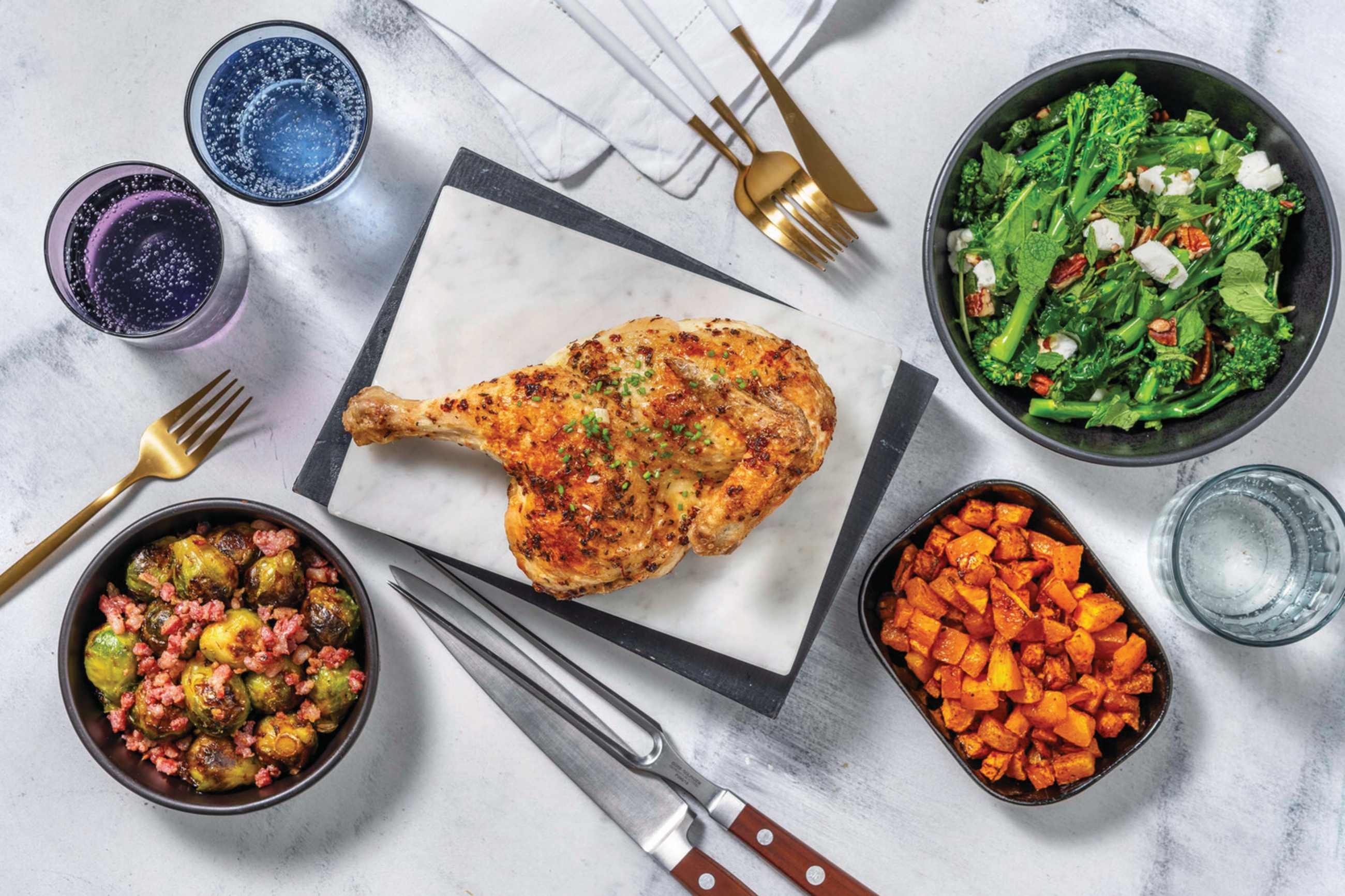 Garlicky Roast Chicken & Bacon Brussels