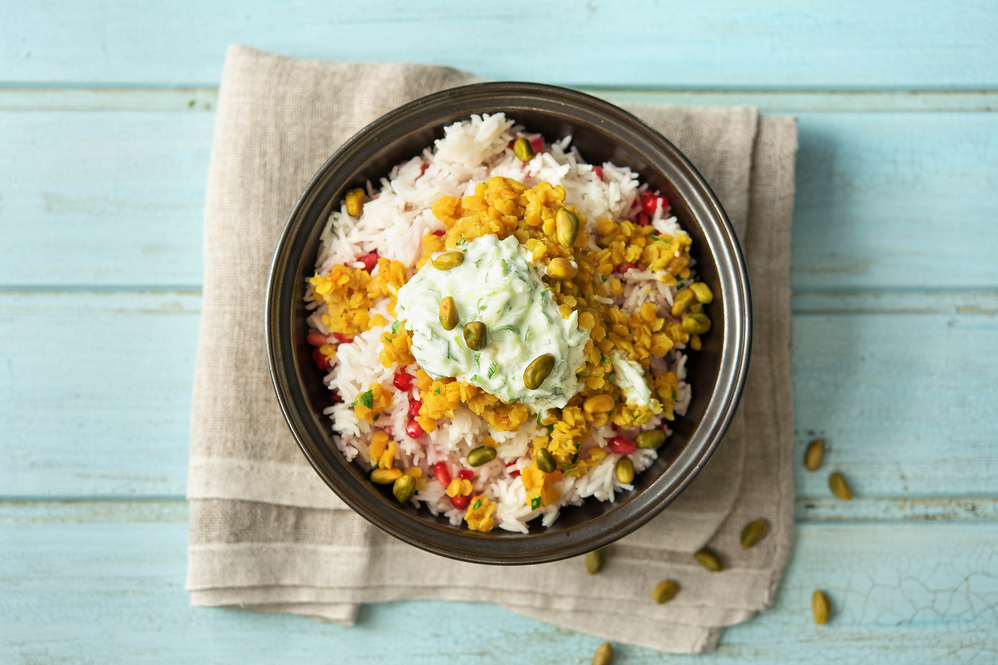 Gedünstete Linsen mit Granatapfelreis