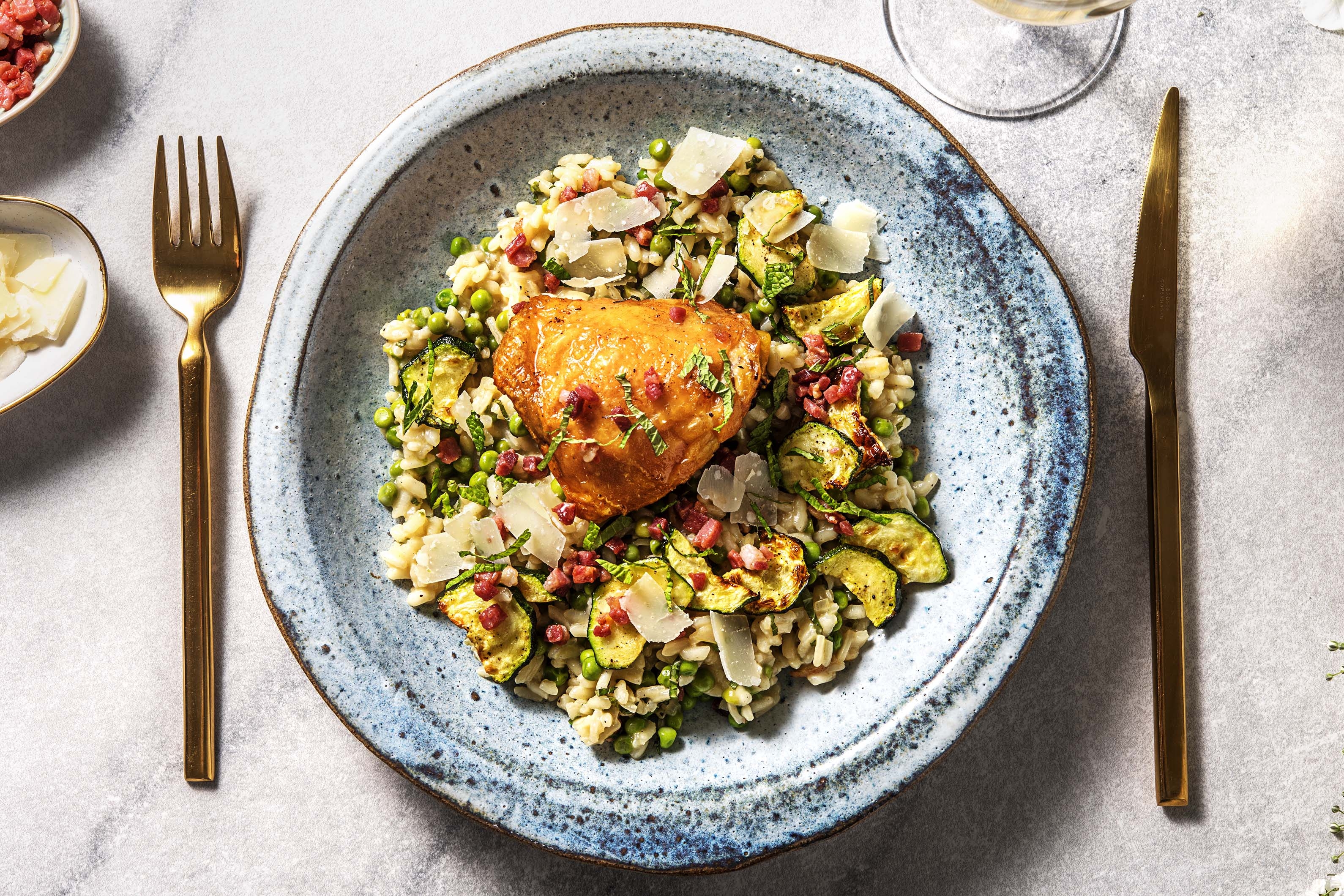 Poulet confit et riz à l'italienne: risi e bisi