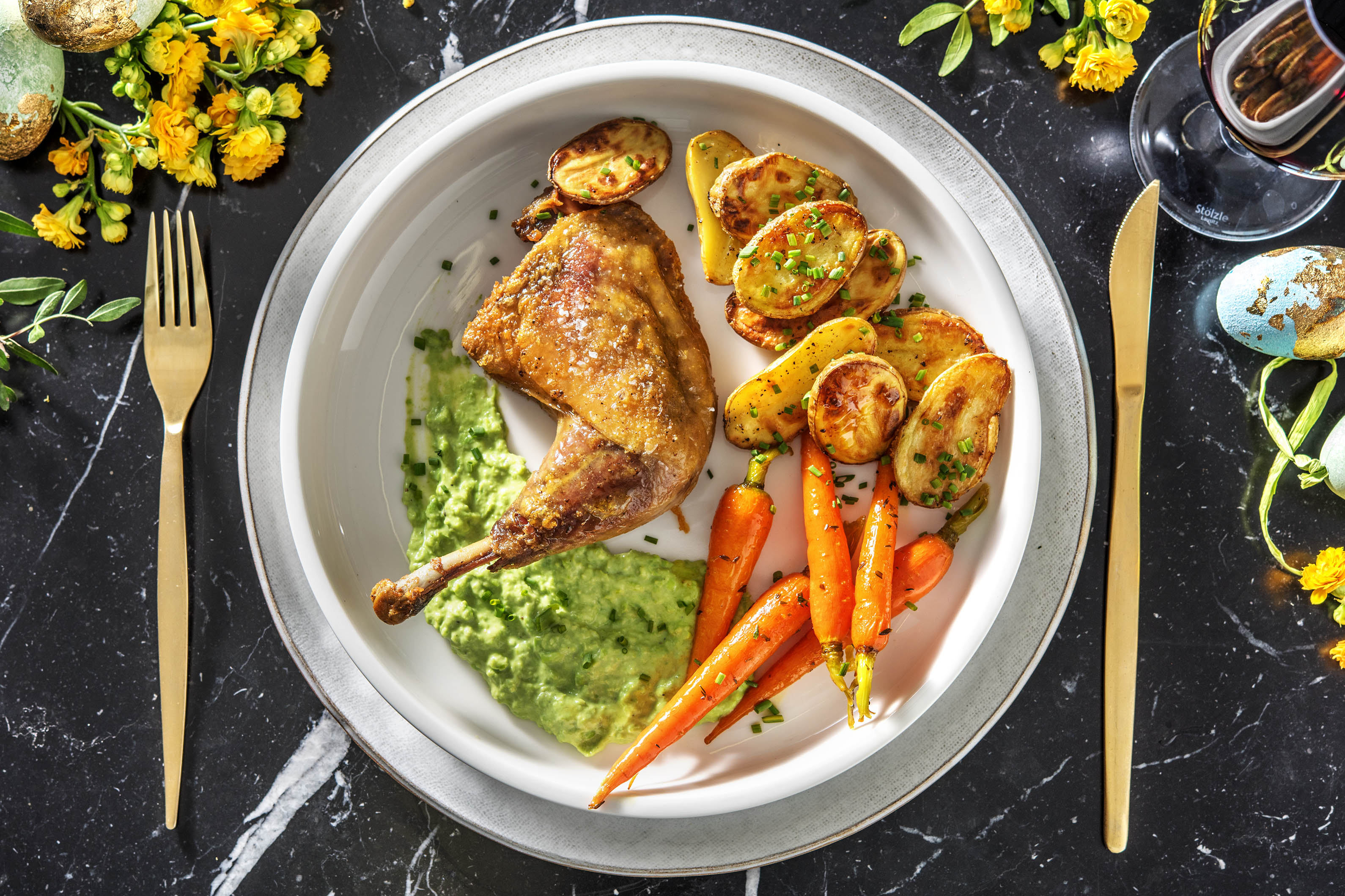 Pintade confite et crème de petits pois