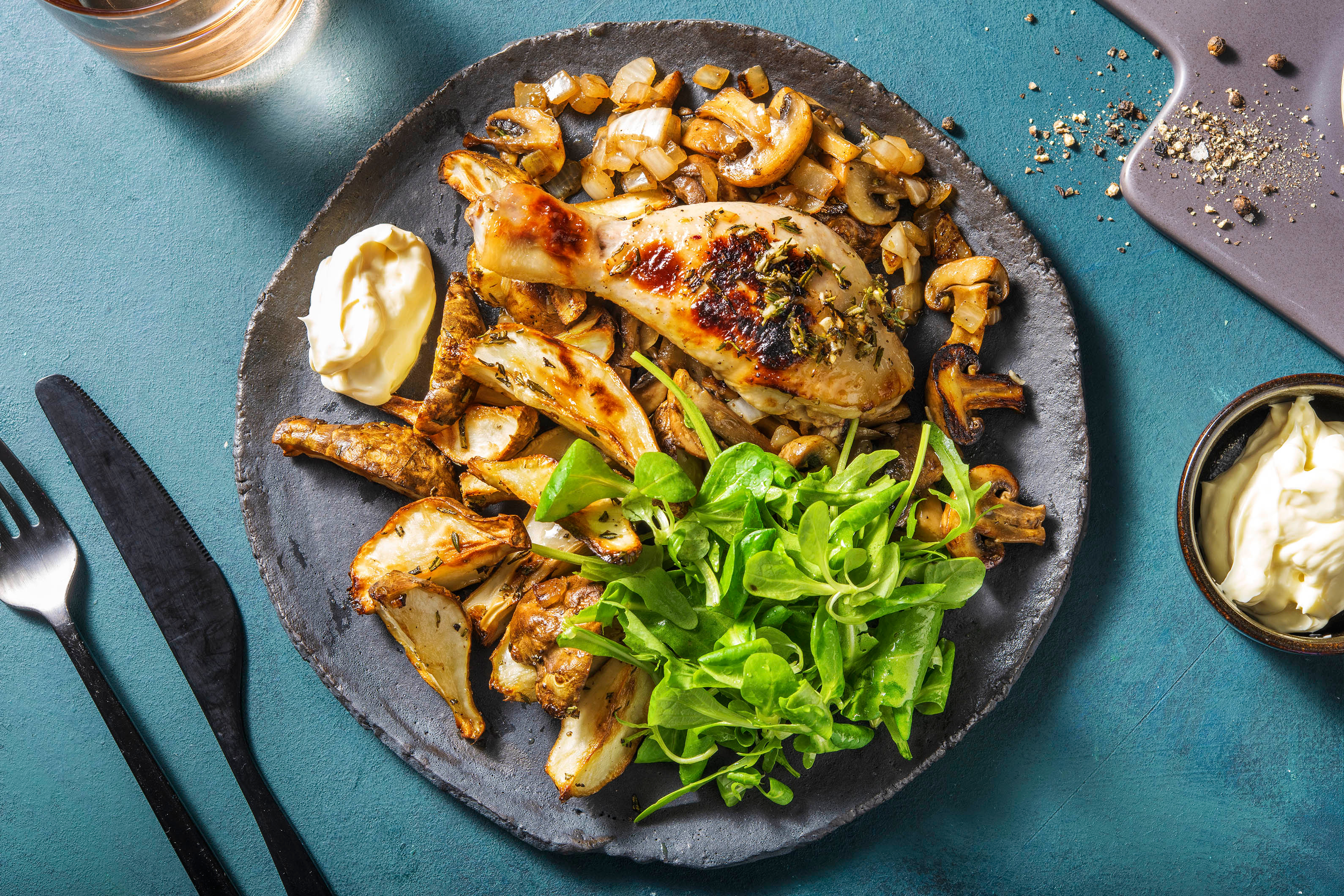 Geroosterde aardpeer met kipdrumsticks