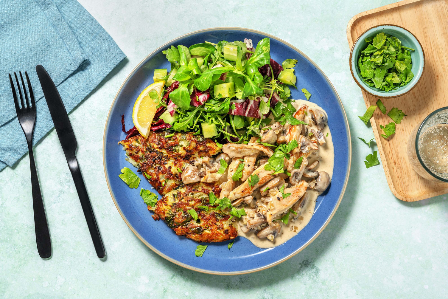 "Geschnetzeltes" d'émincés de poulet crémeux et champignons