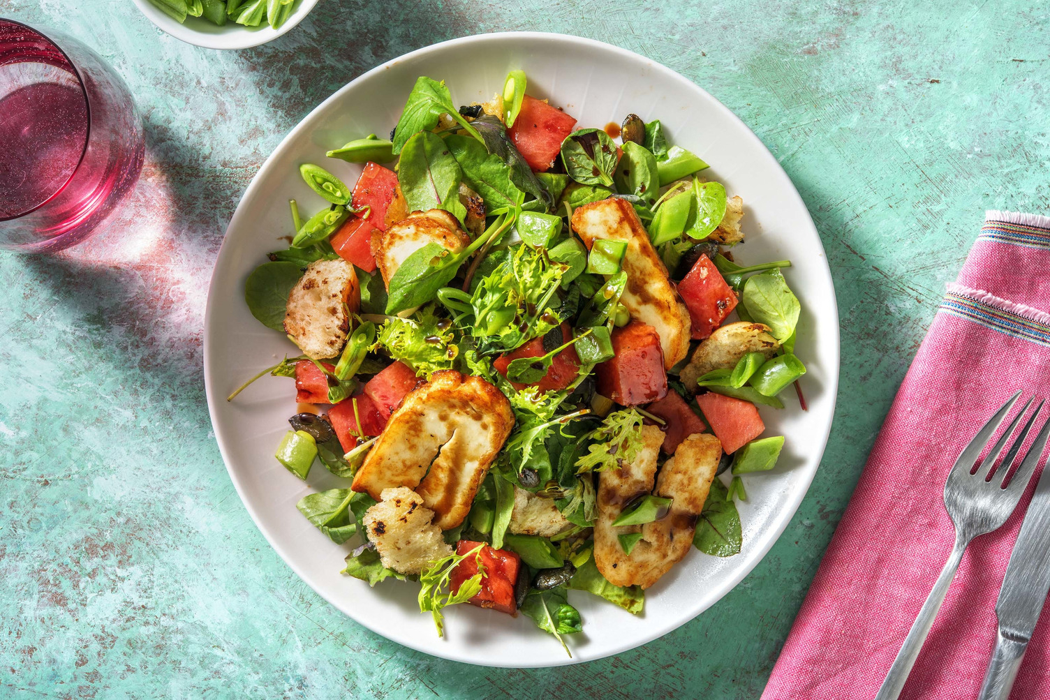 Golden Halloumi, Fresh Watermelon and Pea Salad