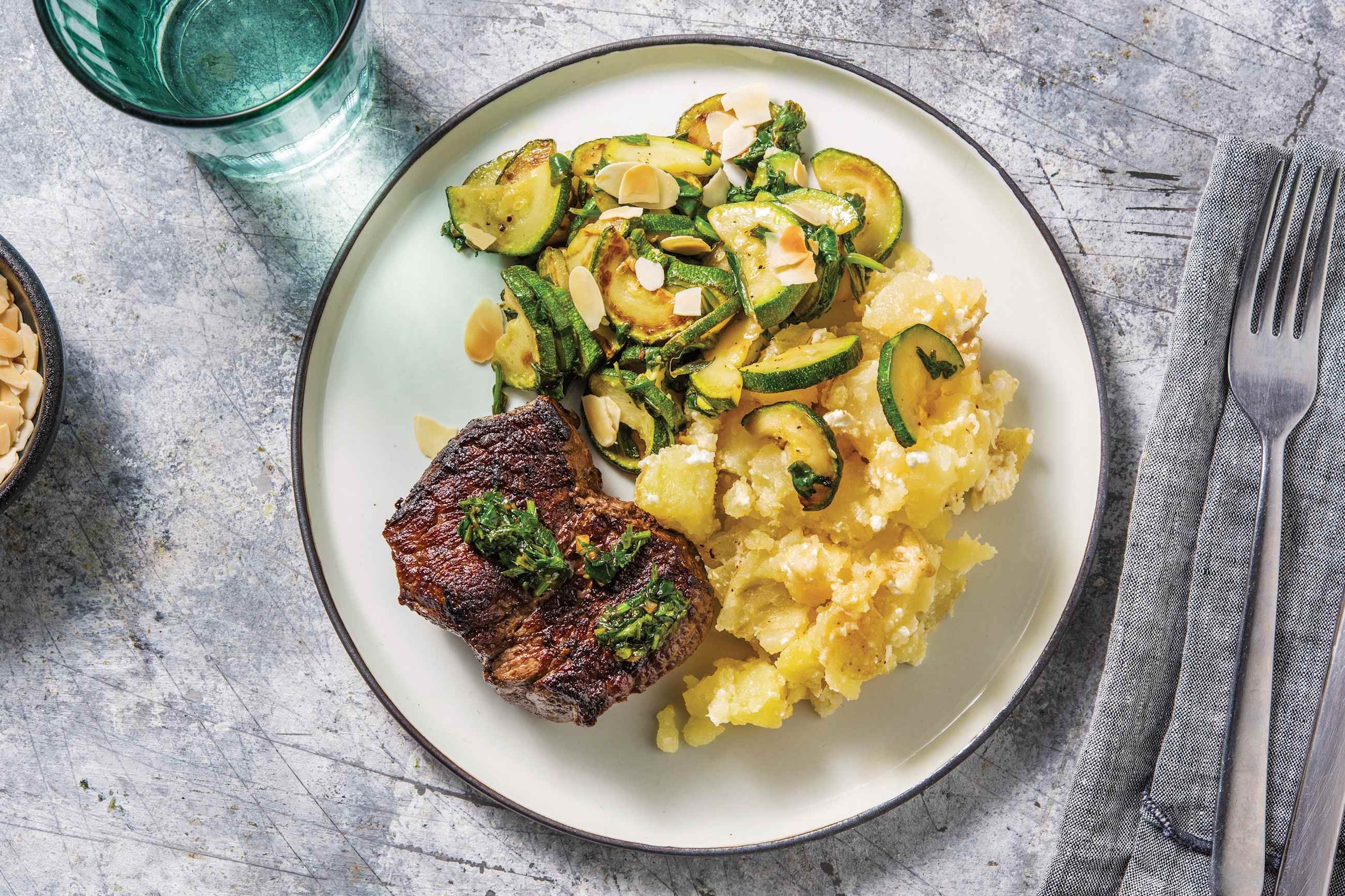 Greek Lamb Steaks with Oregano Butter & Fetta Smashed Potatoes
