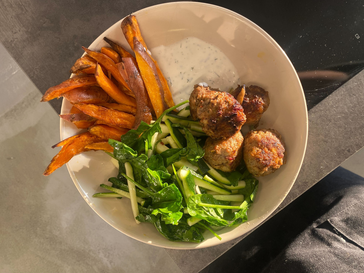 Greek meatballs and roasted sweet potatoes