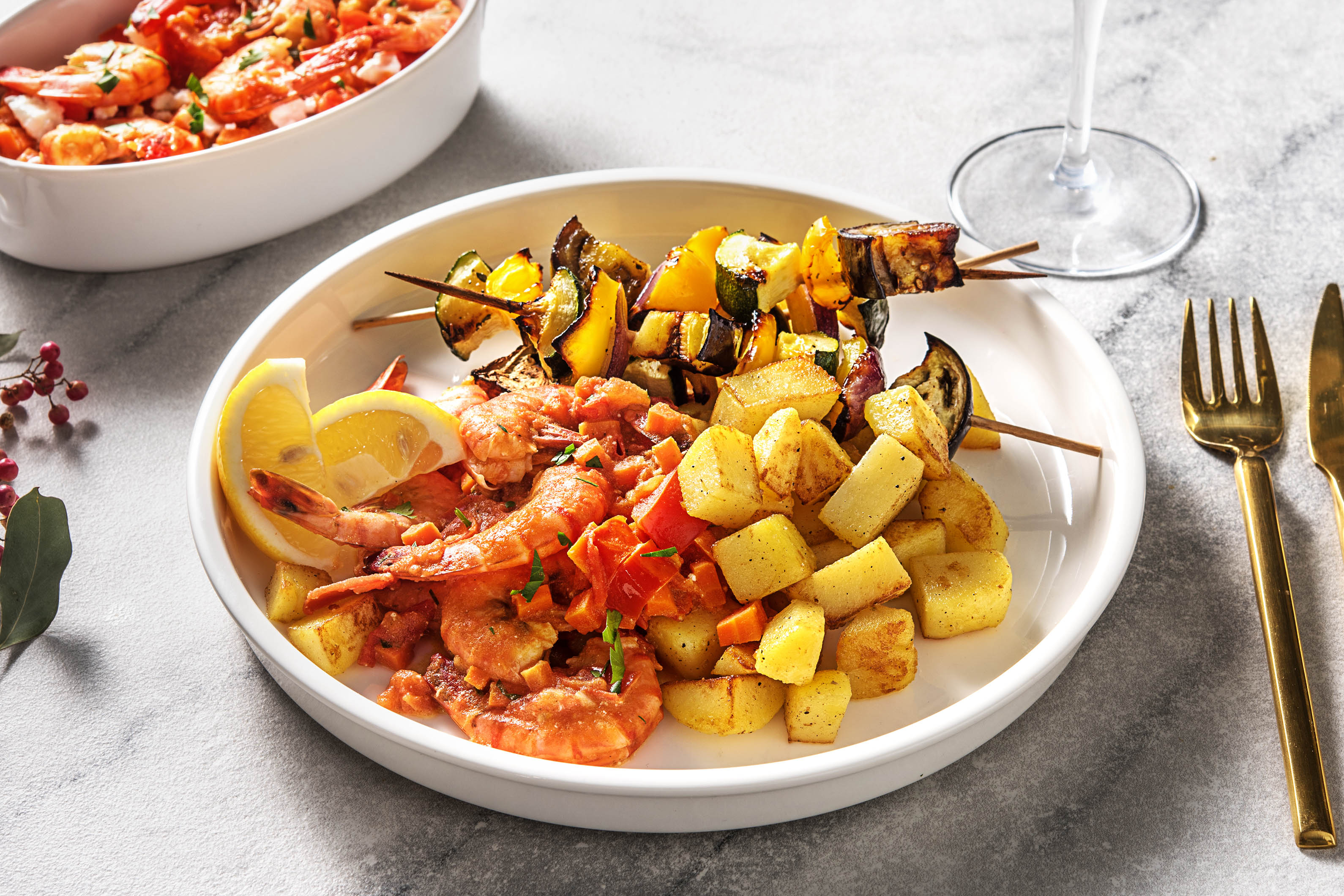 Crevettes à la grecque et souvlaki de légumes