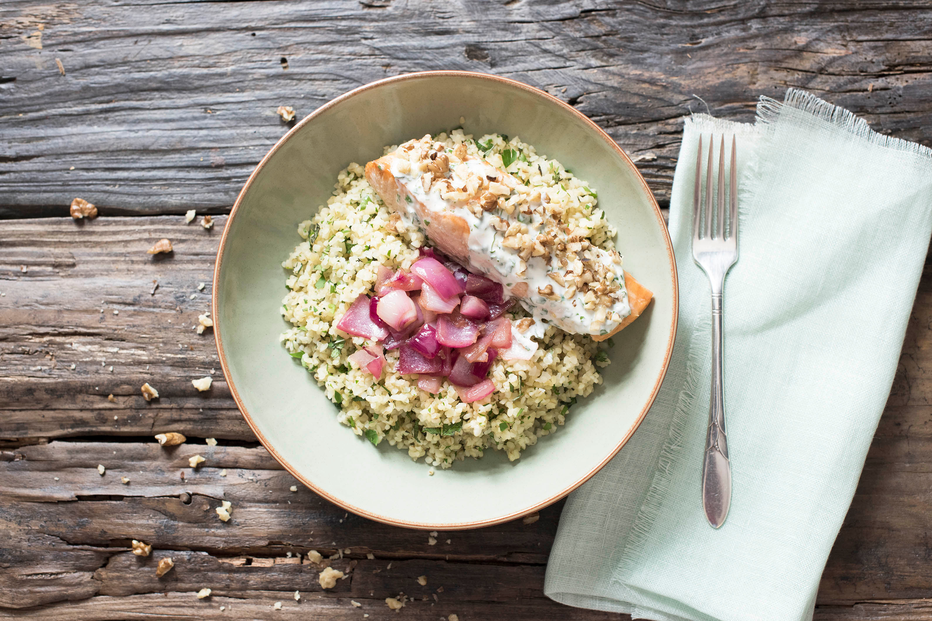 Grilled Salmon Tarator with Bulgur Wheat Tabbouleh