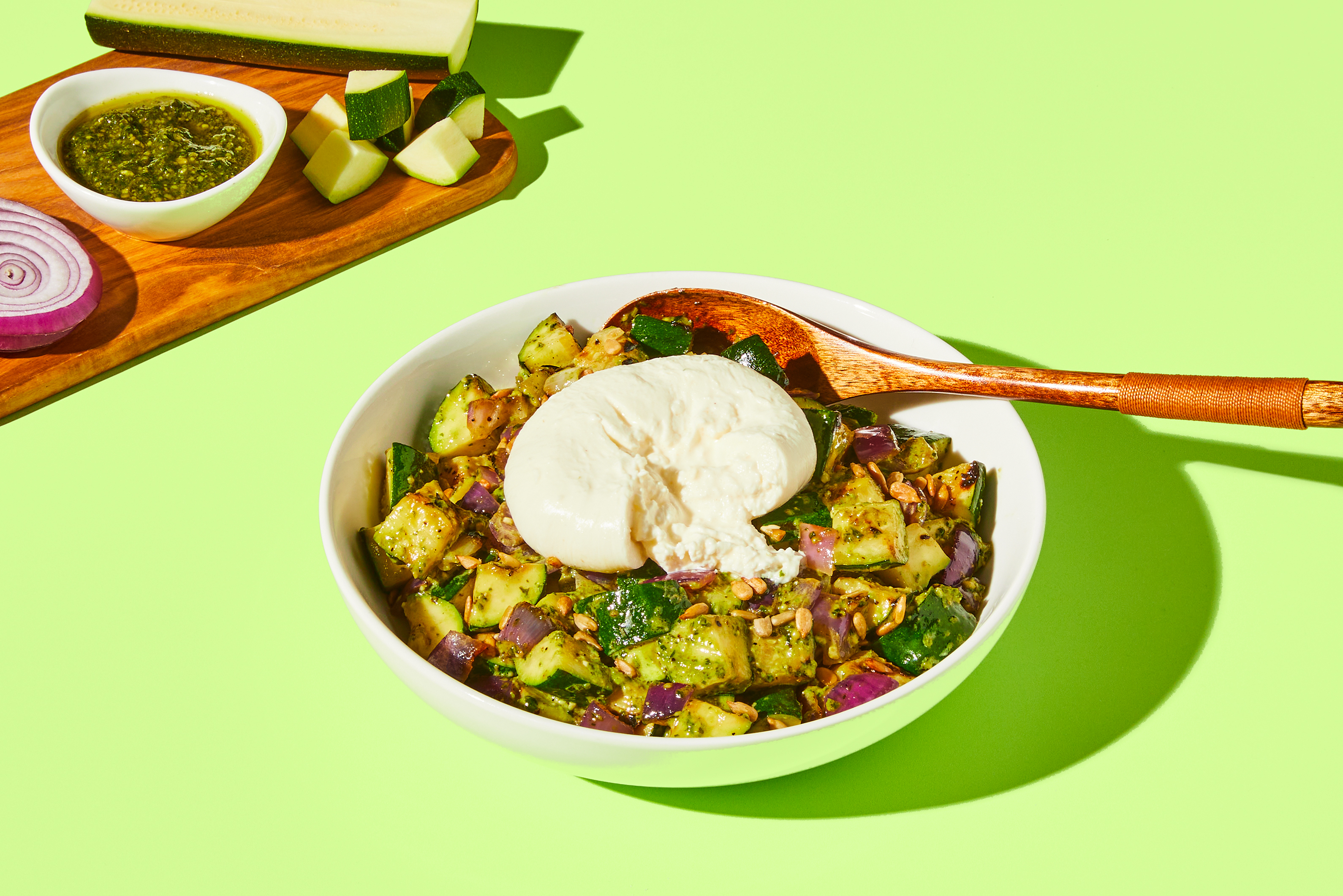 Grilled Zucchini Salad with Pesto & Burrata