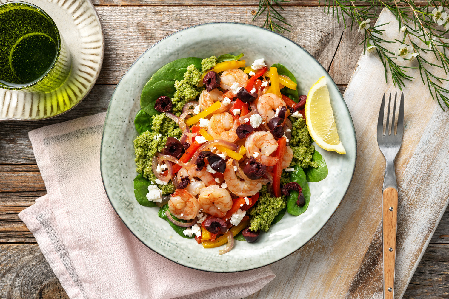 Groene couscous met garnalen en chorizo