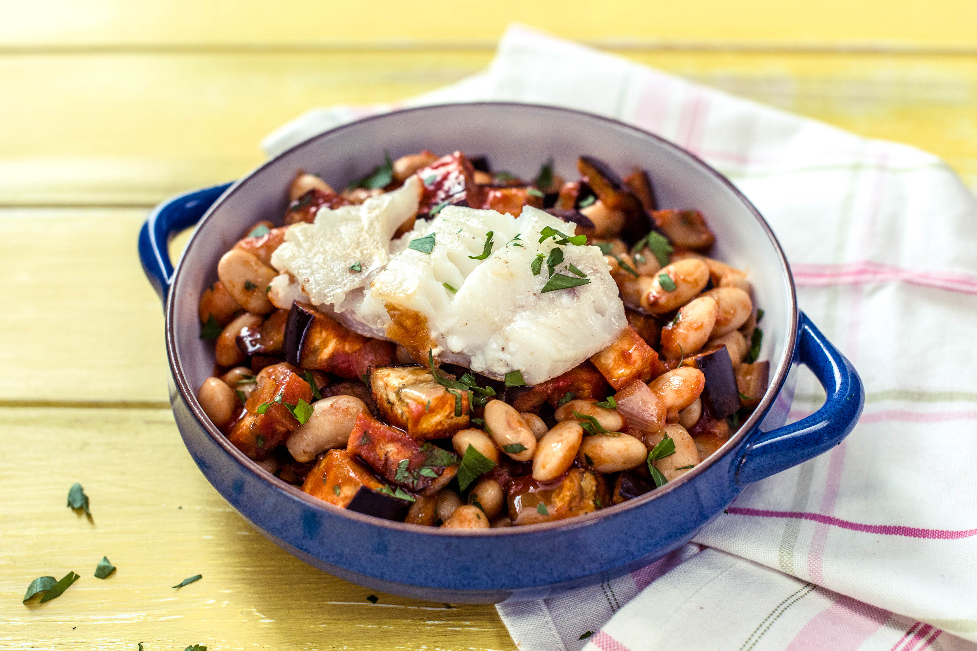 Haddock with Mediterranean Aubergine and Butterbean Stew