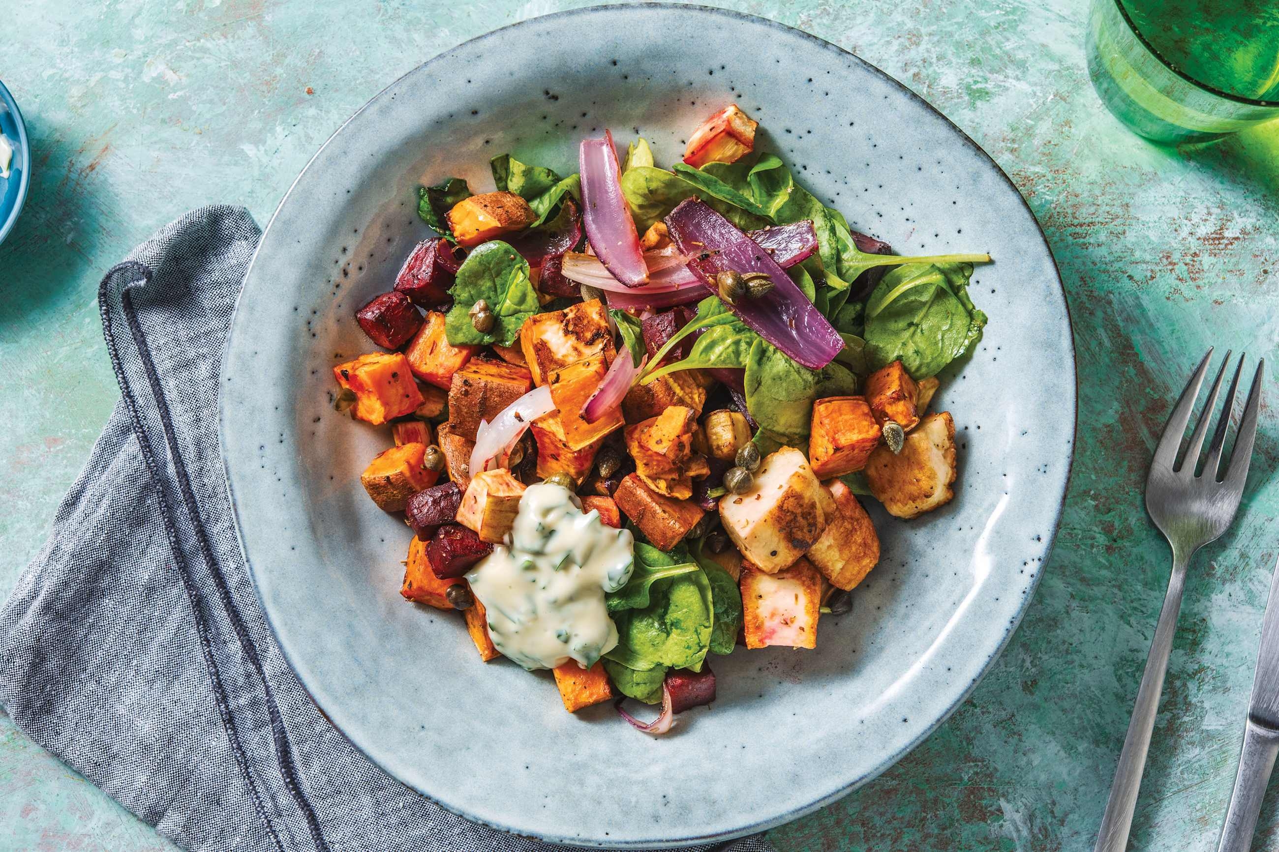 Haloumi and Kumara Tray Bake