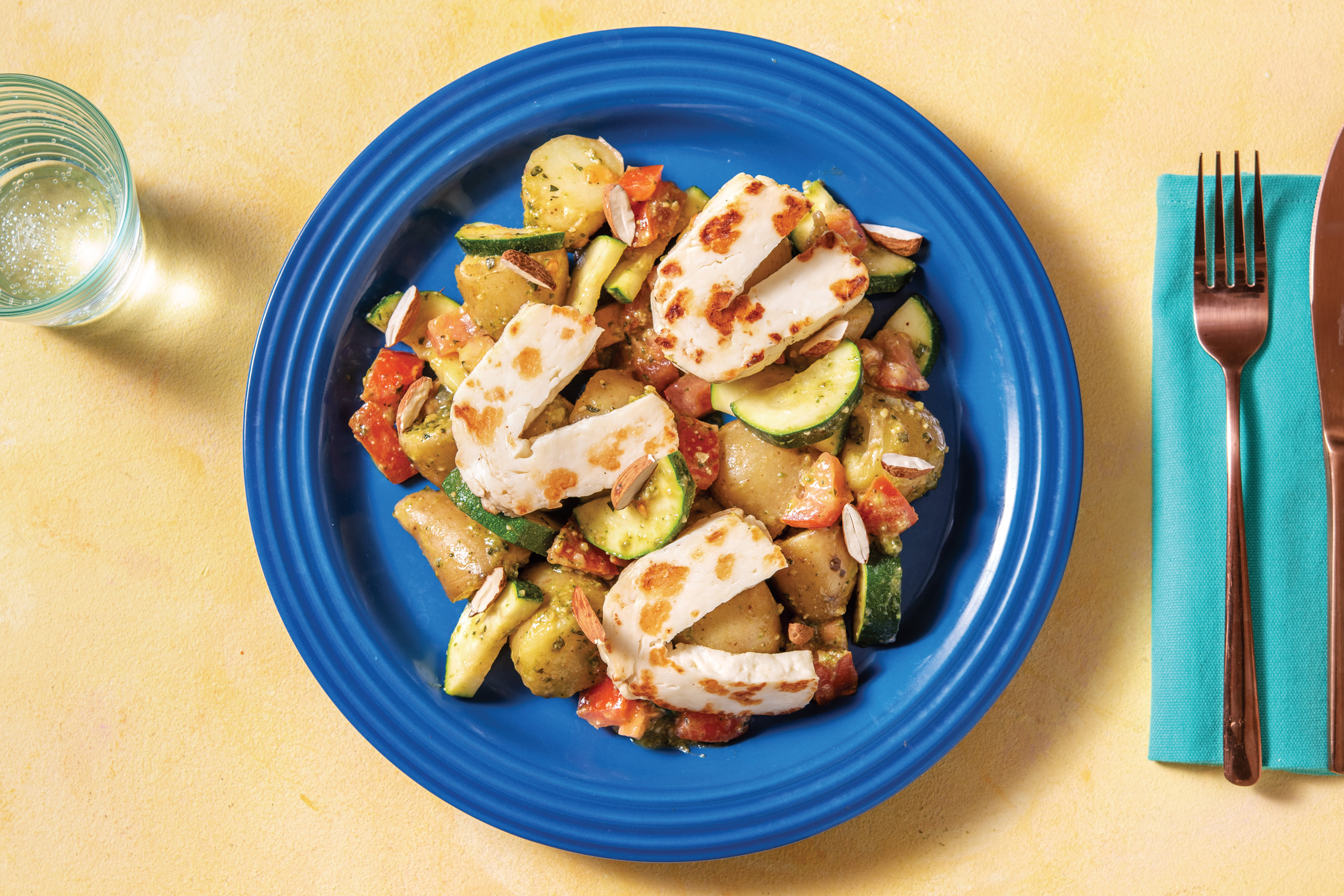 Warm Potato & Haloumi Salad with Basil Pesto