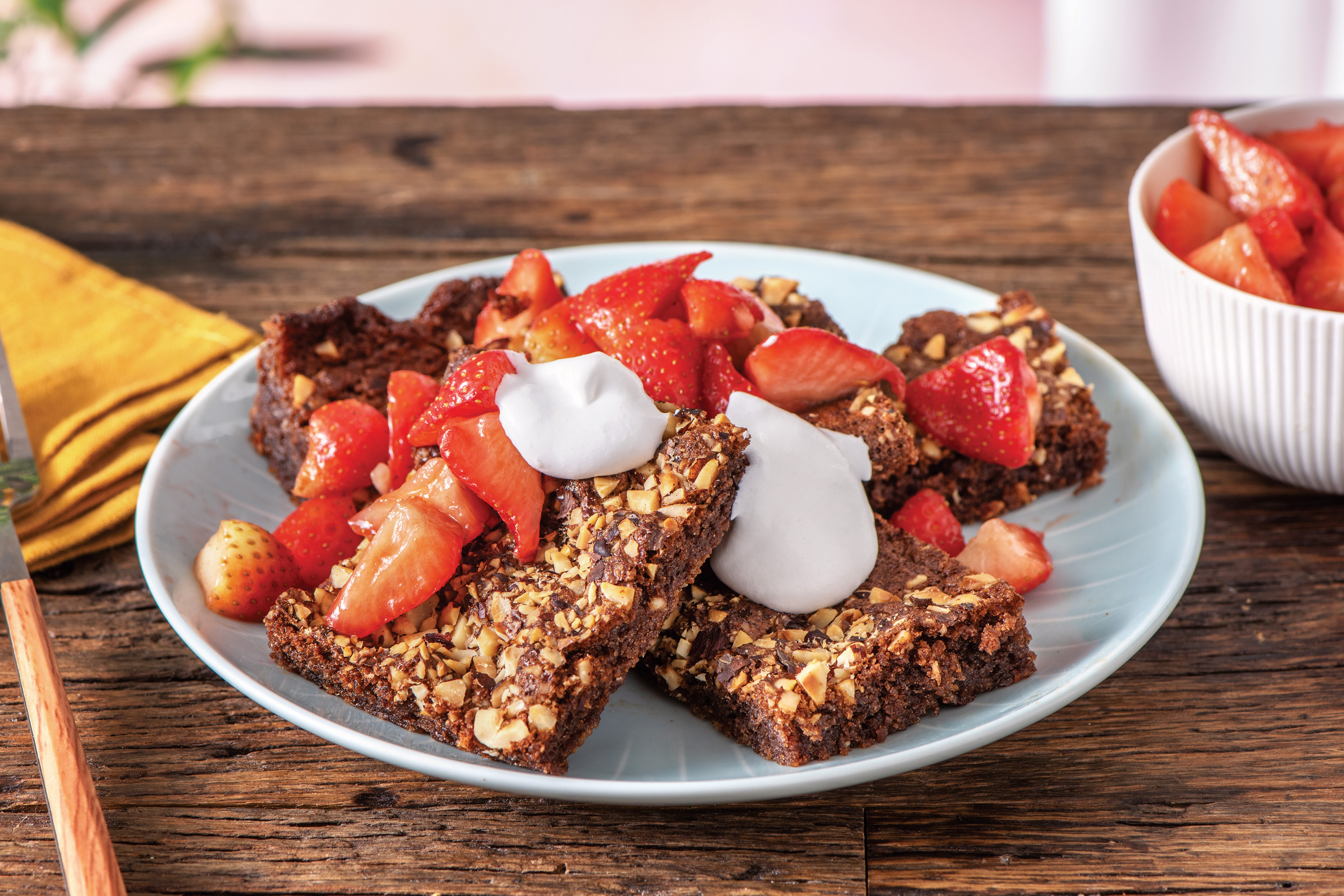 Hazelnut Chocolate Brownies with Balsamic Strawberries & Cream