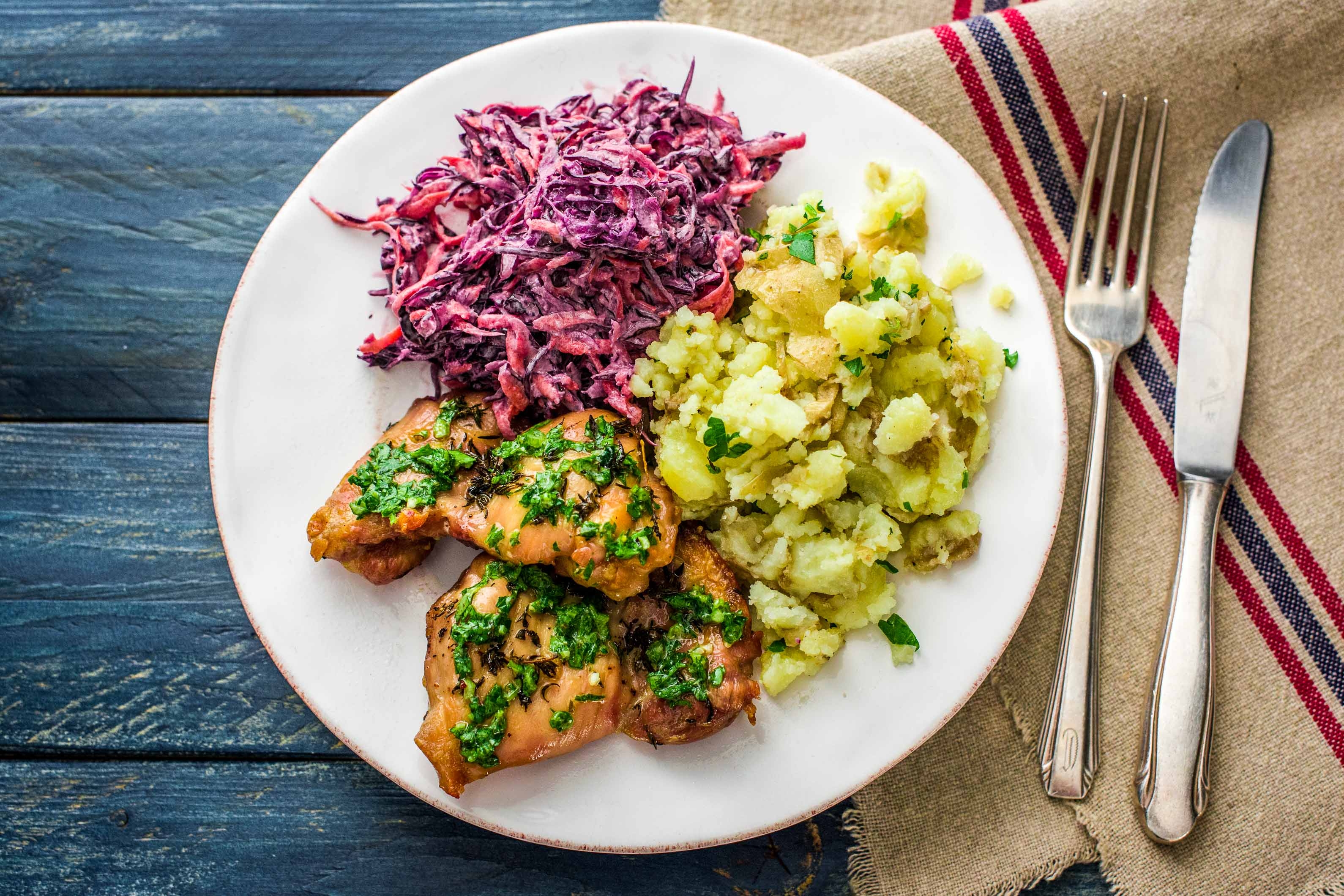 Herb and Mustard Chicken with crushed Potatoes