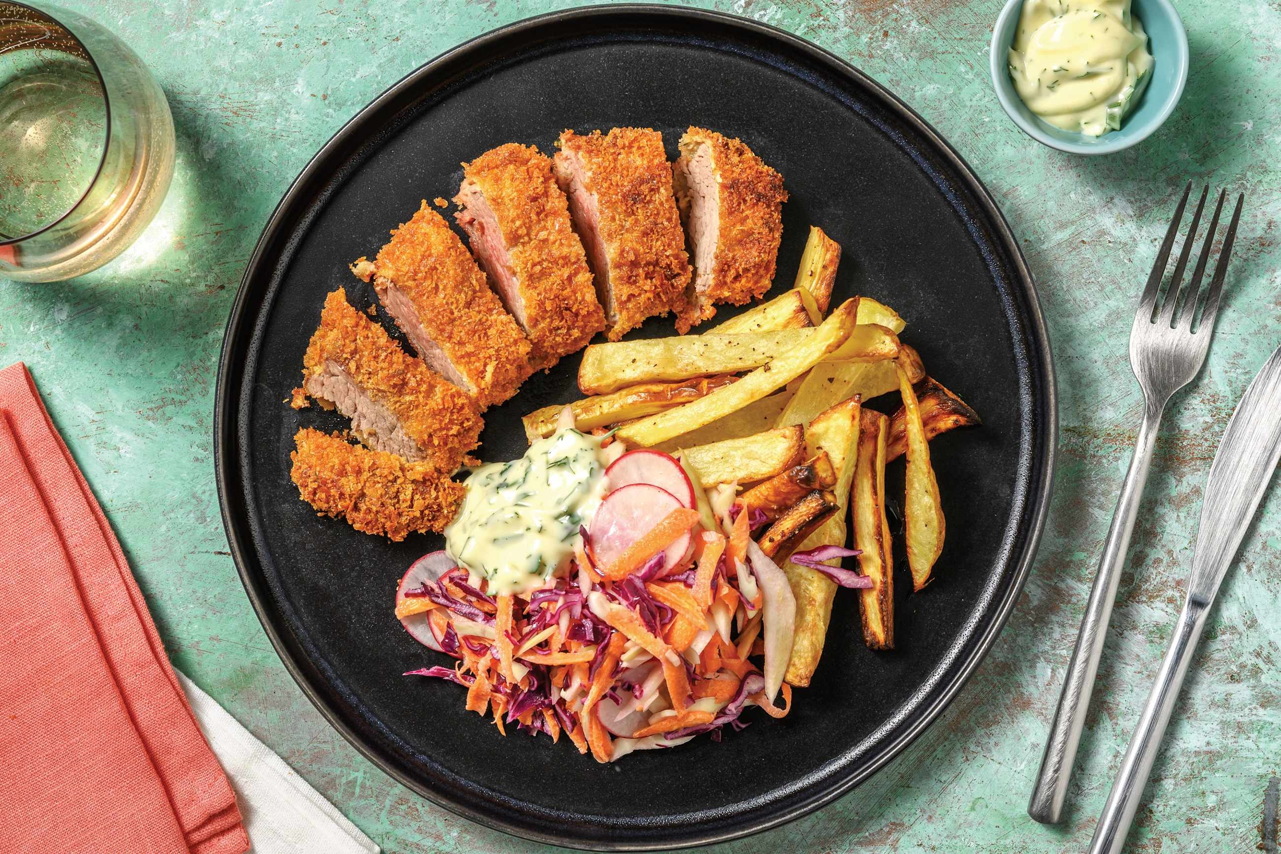 Easy Crumbed Pork Schnitzels & Veggie Fries